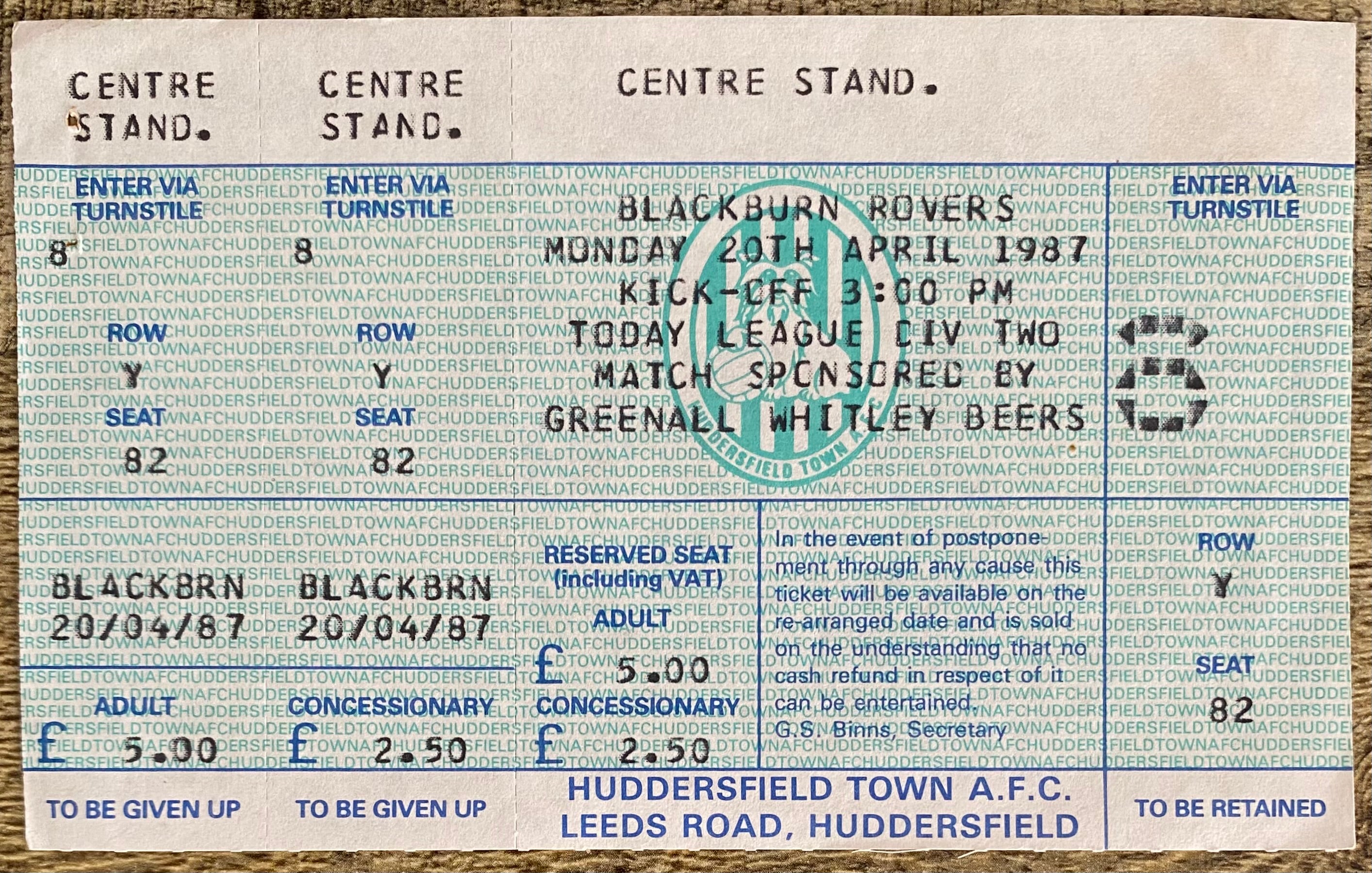 1986/87 ORIGINAL DIVISION TWO UNUSED TICKET HUDDERSFIELD TOWN V BLACKBURN ROVERS