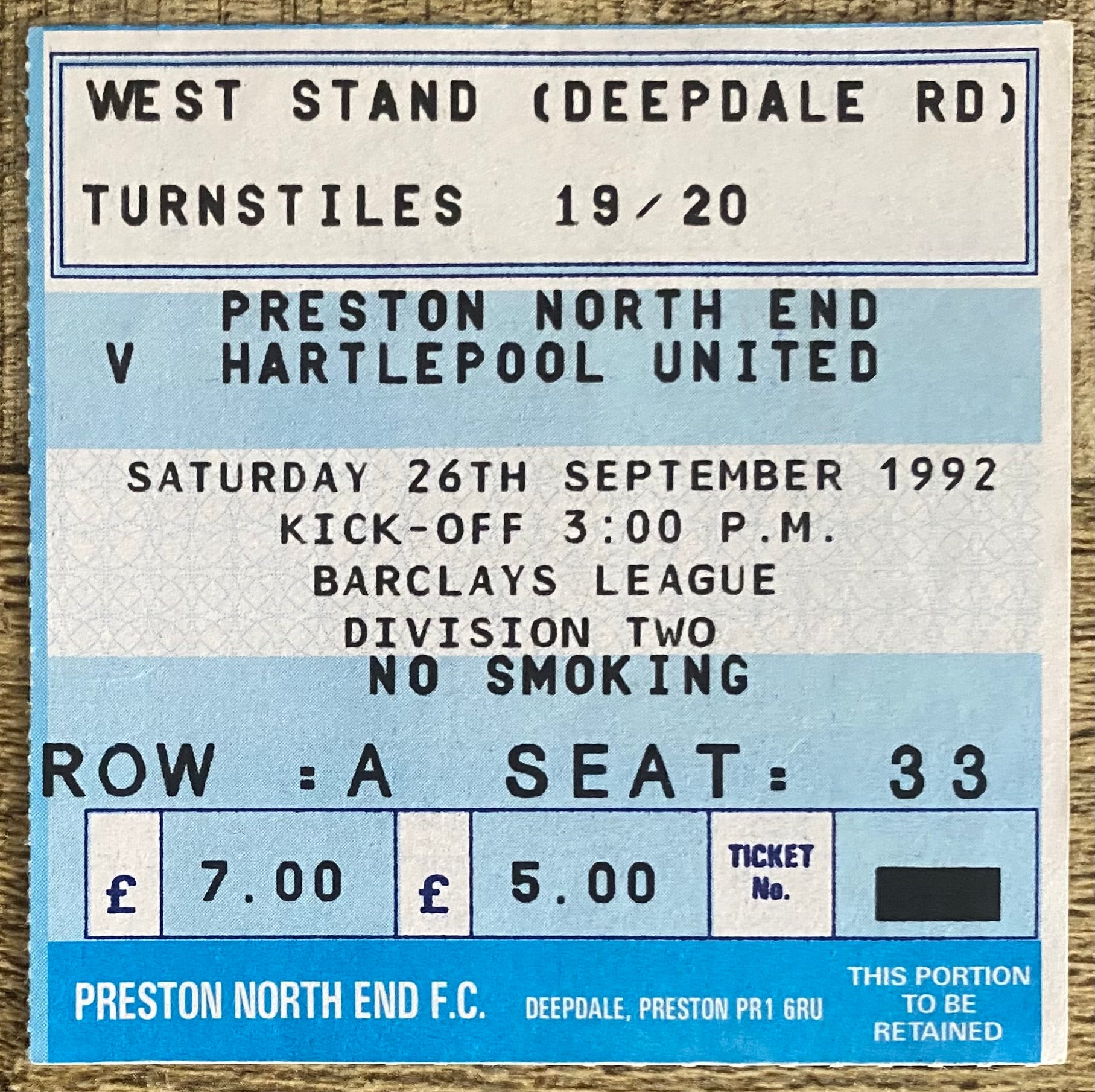 1992/93 ORIGINAL DIVISION 2 TICKET PRESTON NORTH END V HARTLEPOOL UNITED