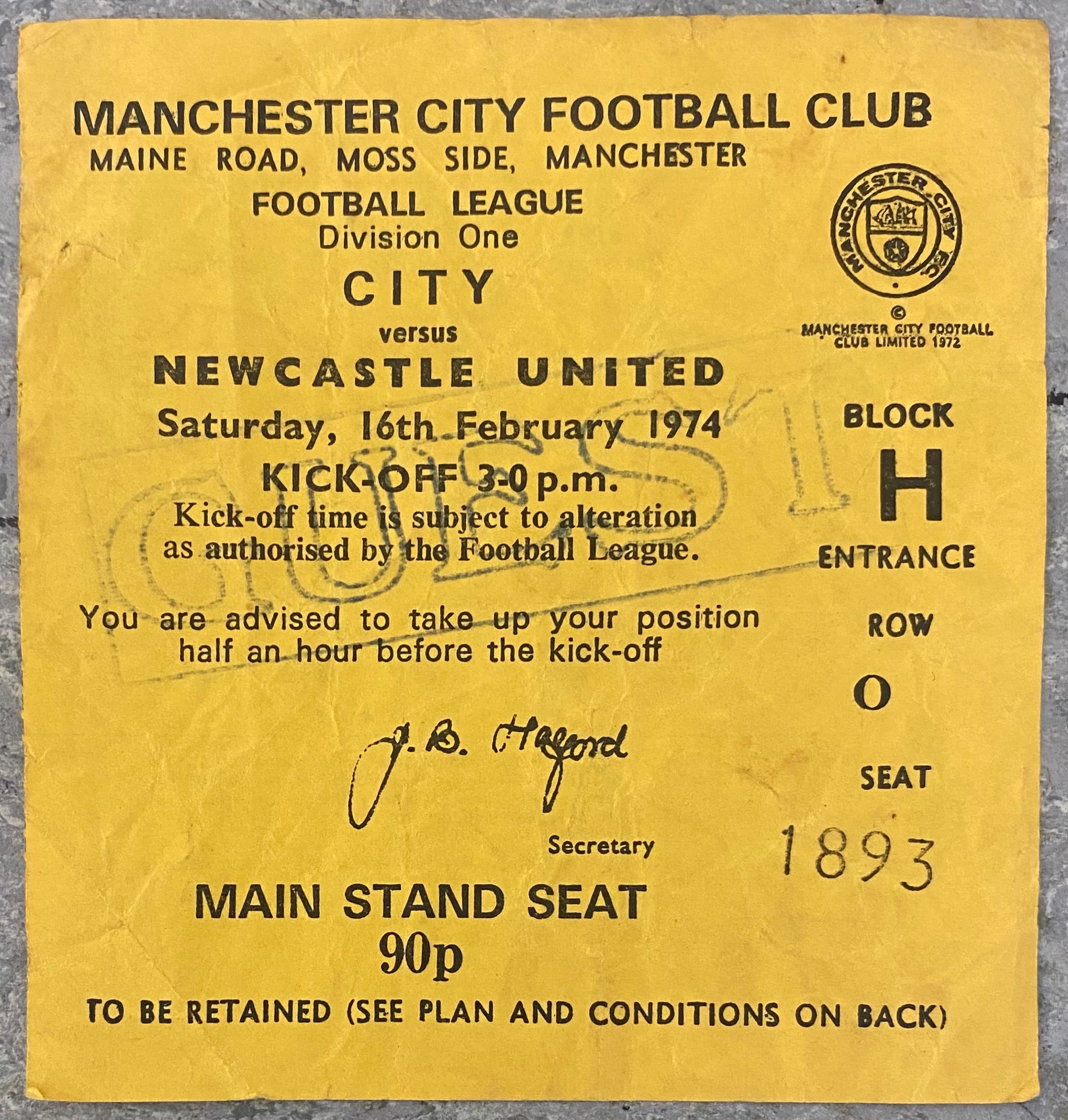 1973/74 ORIGINAL DIVISION 1 TICKET MANCHESTER CITY V NEWCASTLE UNITED