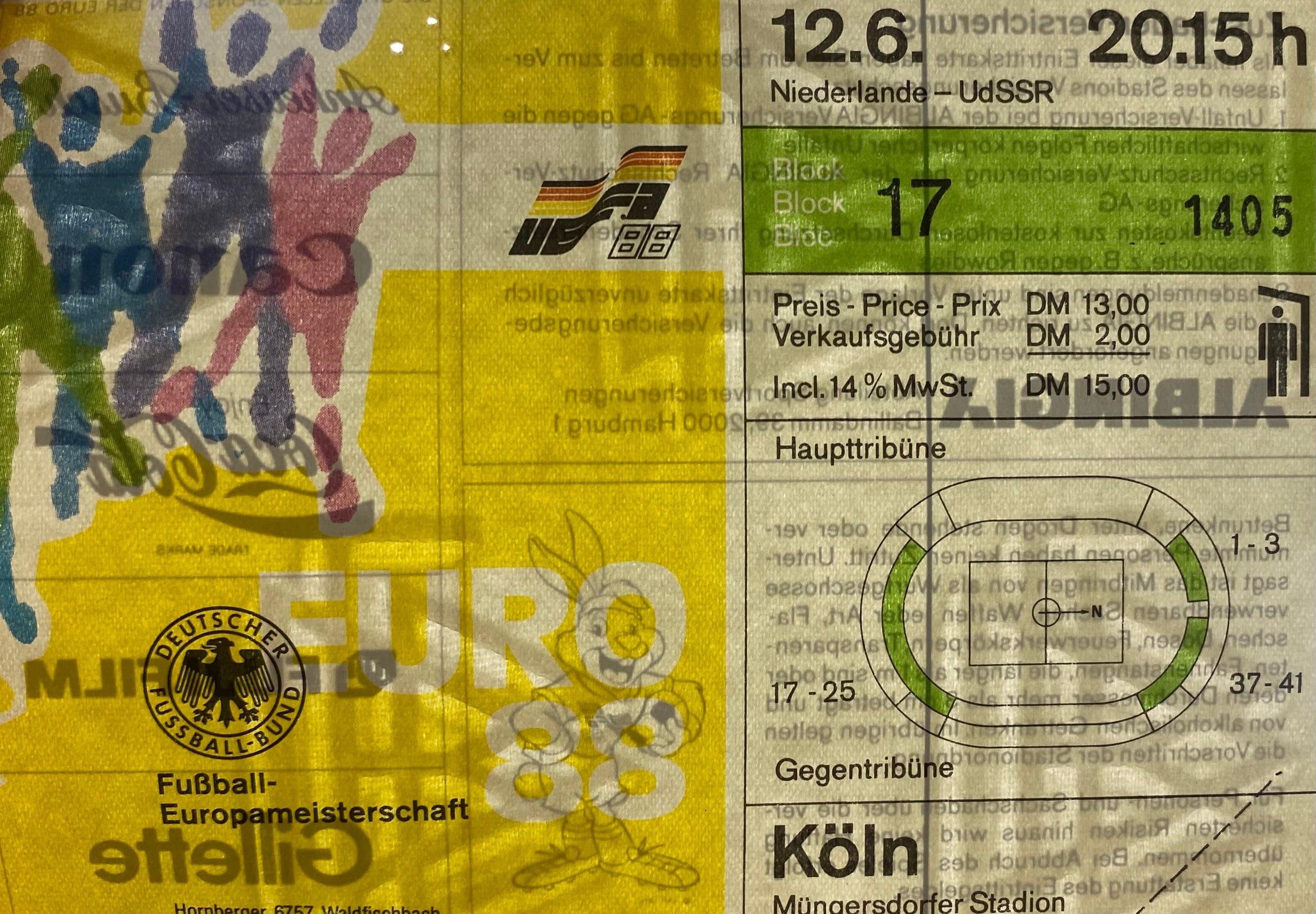 1988 ORIGINAL EURO 88 TICKET SOVIET UNION V NETHERLANDS @ COLOGNE