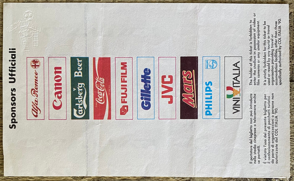 1990 ORIGINAL WORLD CUP FINAL TICKET ARGENTINA V WEST GERMANY @ ROME