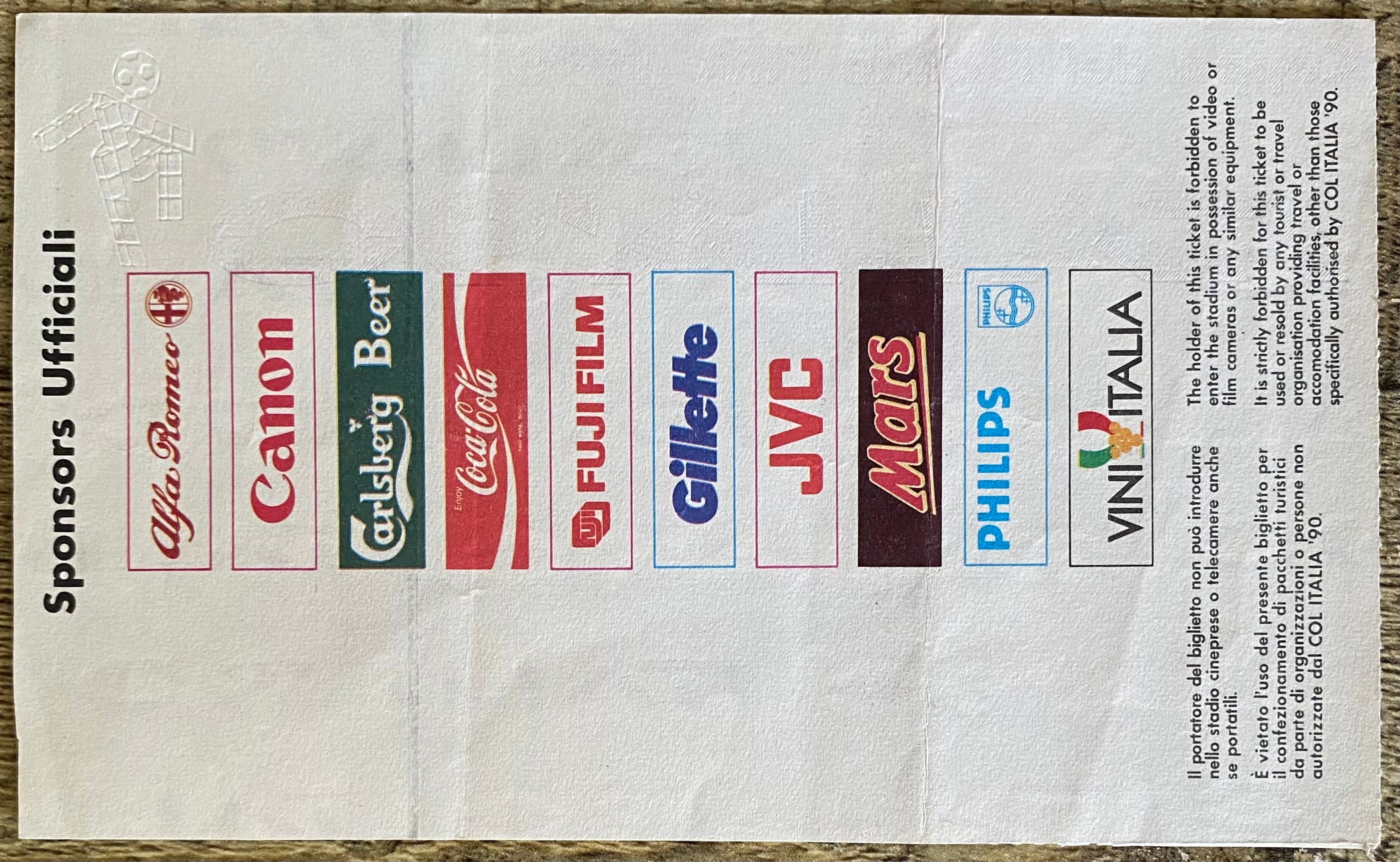 1990 ORIGINAL WORLD CUP FINAL TICKET ARGENTINA V WEST GERMANY @ ROME