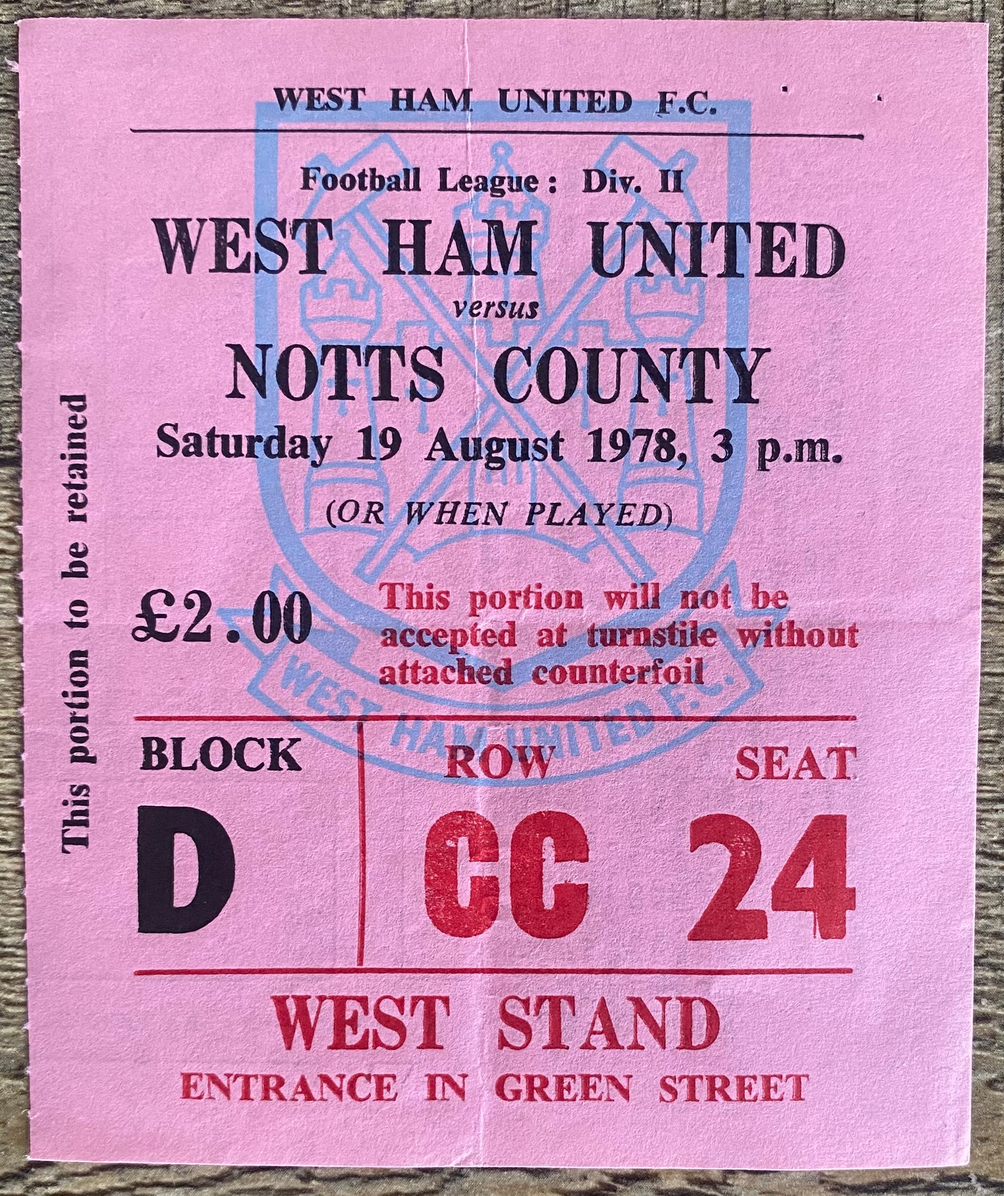 1978/79 ORIGINAL DIVISION 2 TICKET WEST HAM UNITED V NOTTS COUNTY