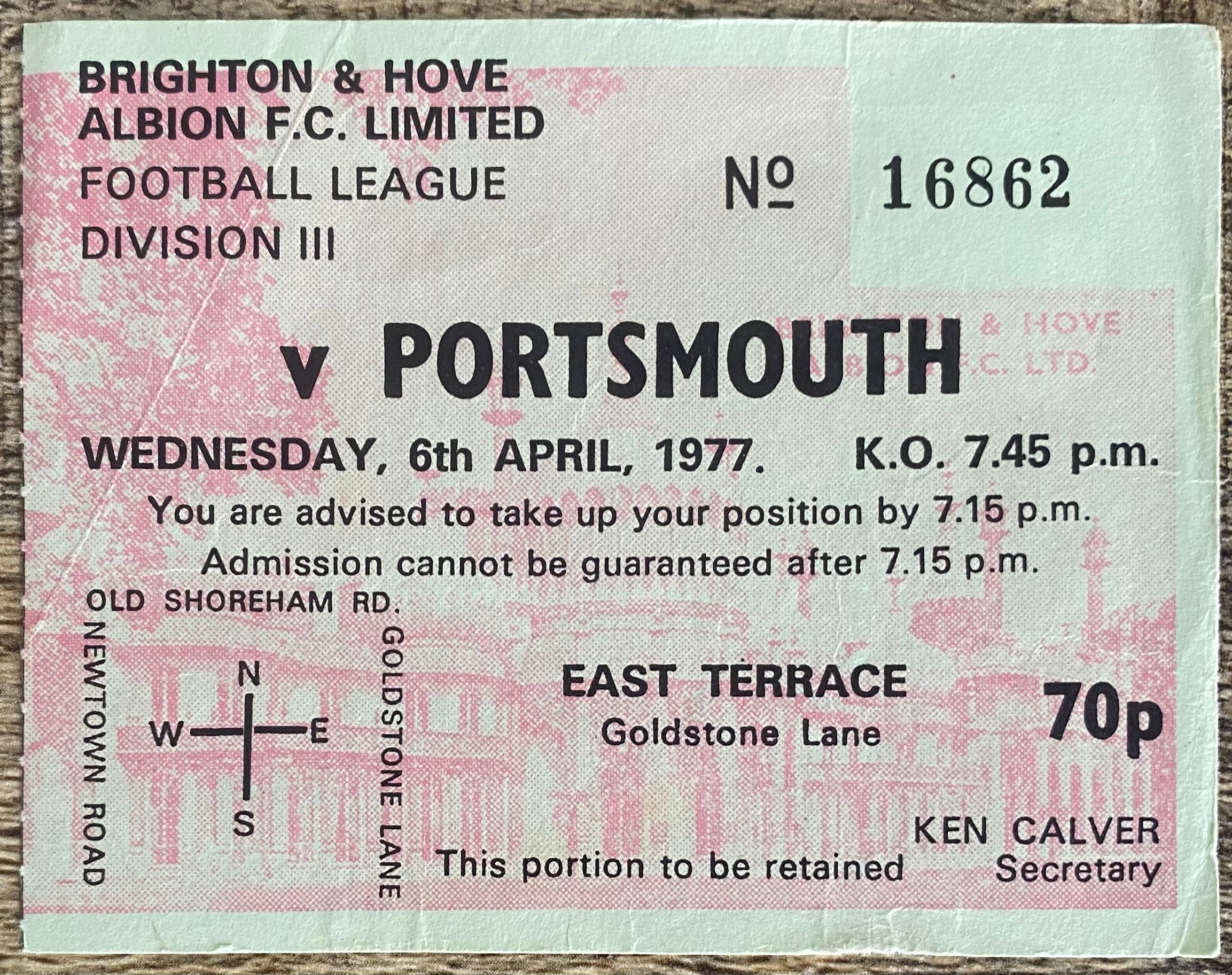 1976/77 ORIGINAL DIVISION 3 TICKET BRIGHTON AND HOVE ALBION V PORTSMOUTH