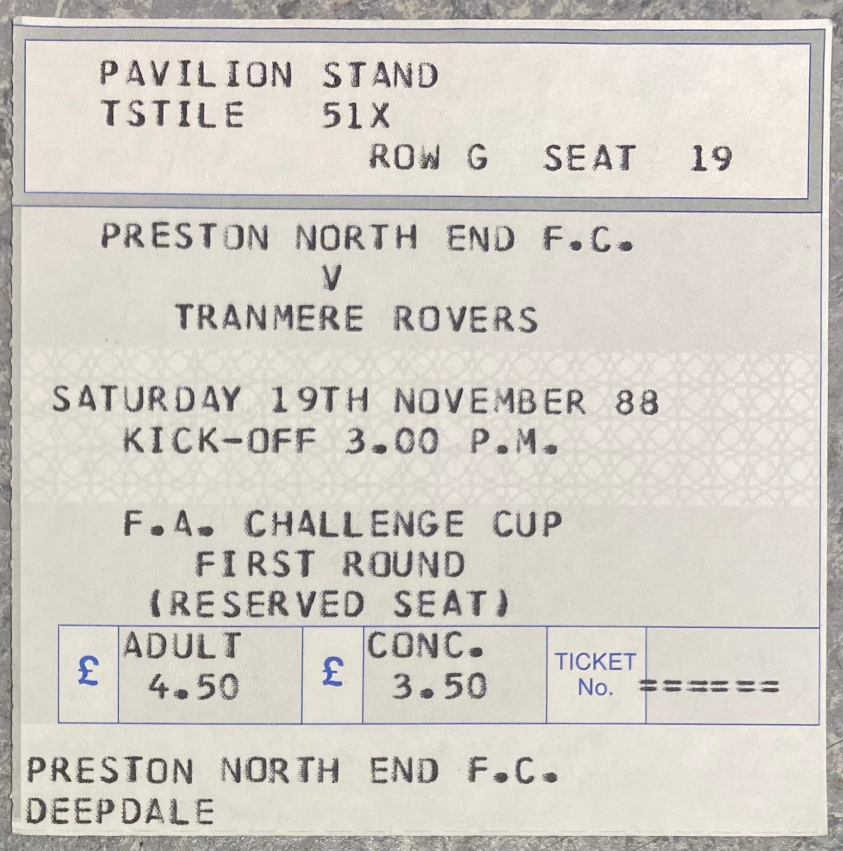 1988/89 ORIGINAL FA CUP 2ND ROUND TICKET PRESTON NORTH END V TRANMERE ROVERS