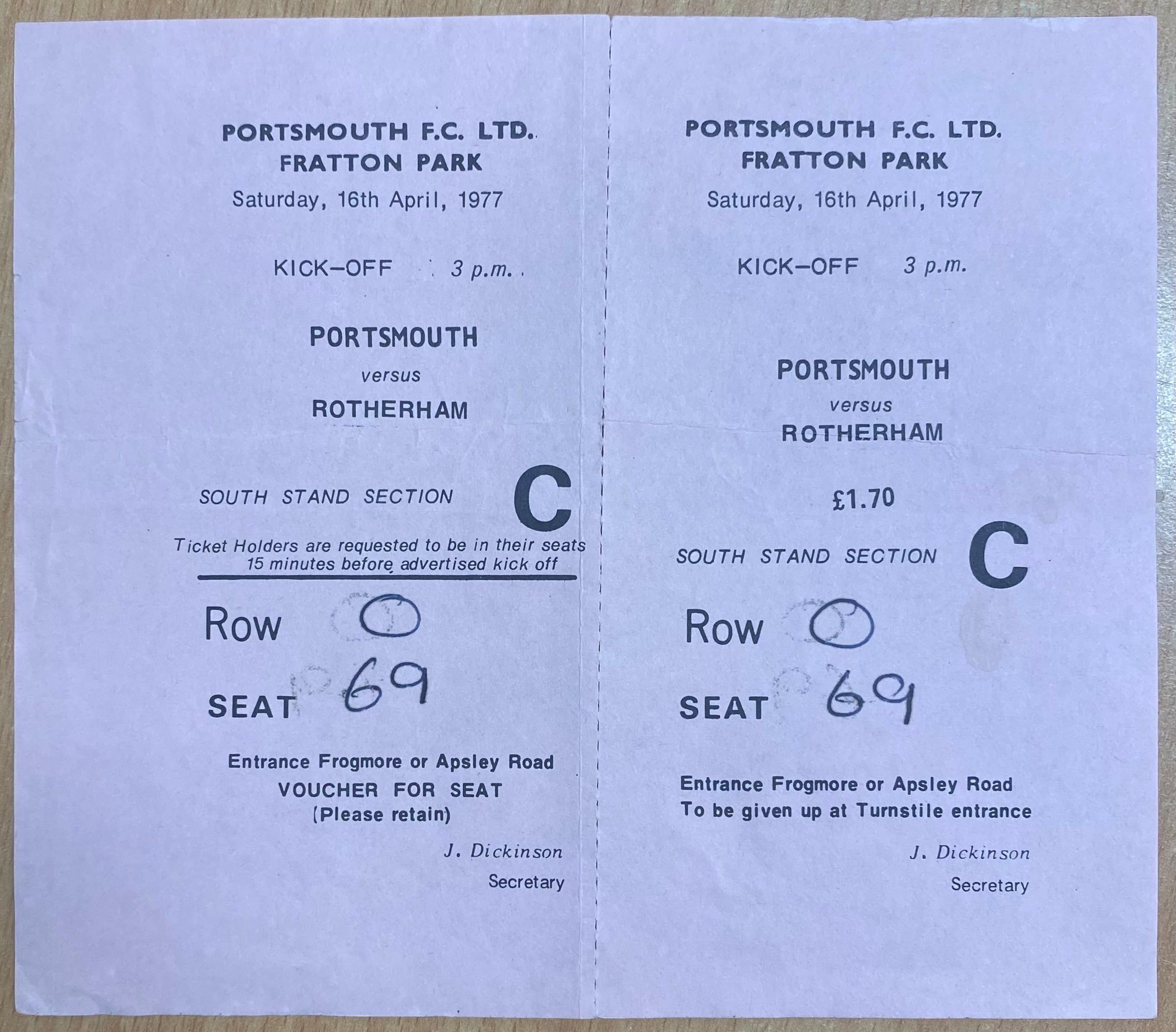 1976/77 ORIGINAL DIVISION 3 UNUSED TICKET PORTSMOUTH V ROTHERHAM UNITED