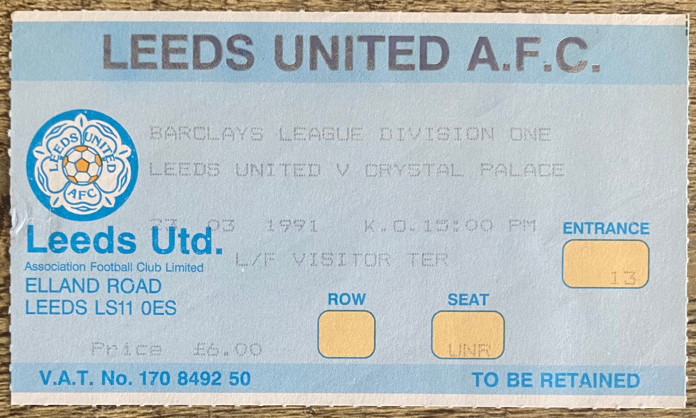 1990/91 ORIGINAL DIVISION ONE TICKET LEEDS UNITED V CRYSTAL PALACE