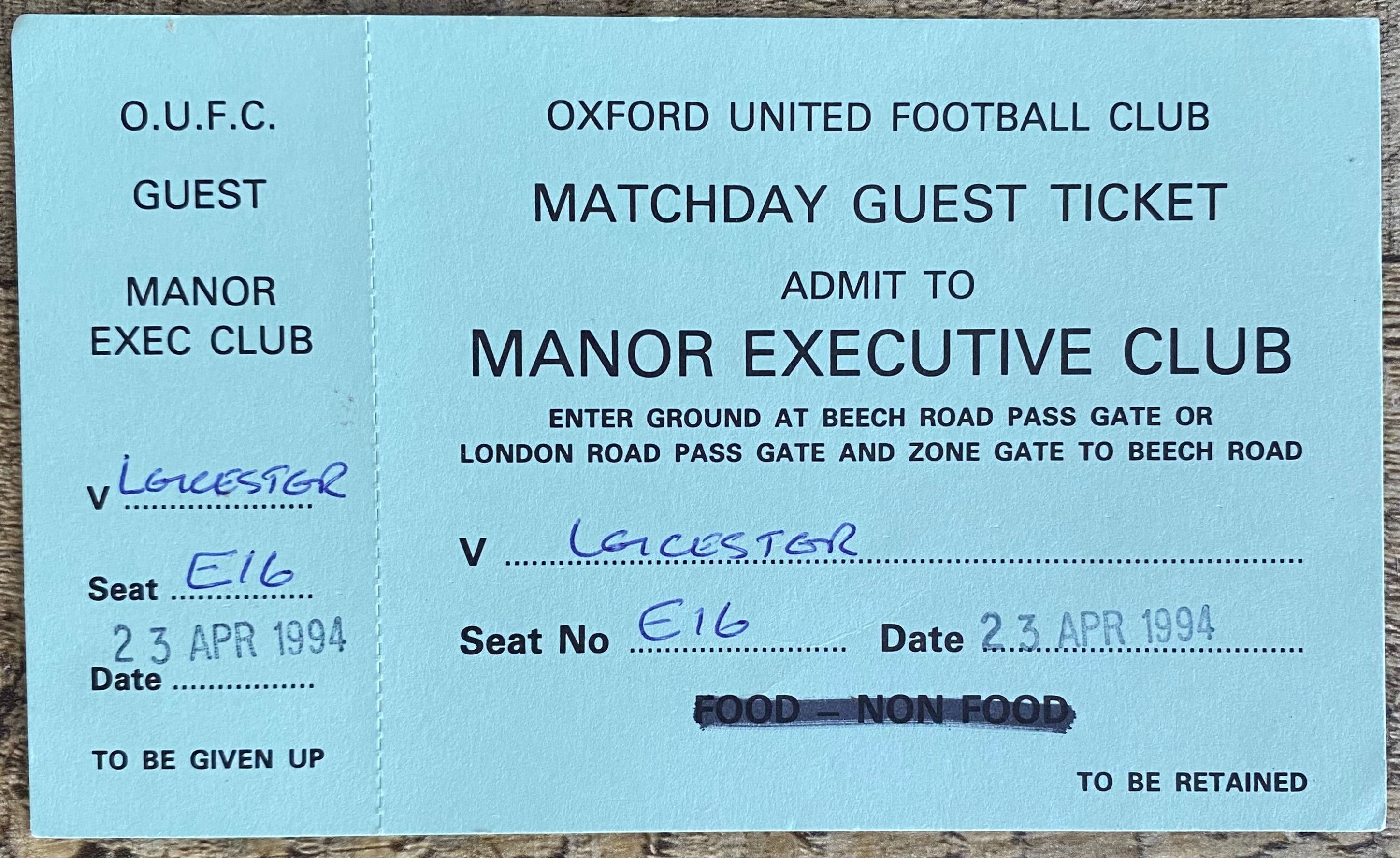 1993/94 ORIGINAL DIVISION 1 TICKET OXFORD UNITED V LEICESTER CITY (GUEST TICKET)