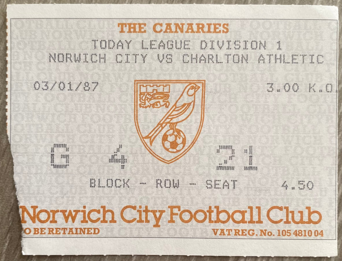 1986/87 ORIGINAL DIVISION ONE TICKET NORWICH CITY V CHARLTON ATHLETIC