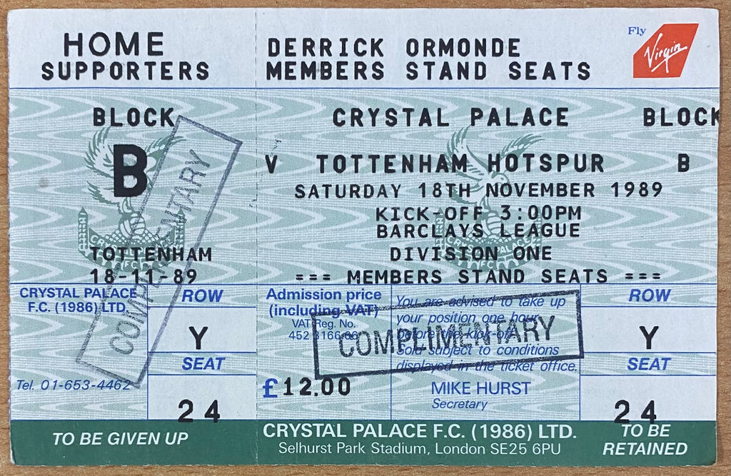 1989/90 ORIGINAL DIVISION 1 UNUSED TICKET CRYSTAL PALACE V TOTTENHAM HOTSPUR