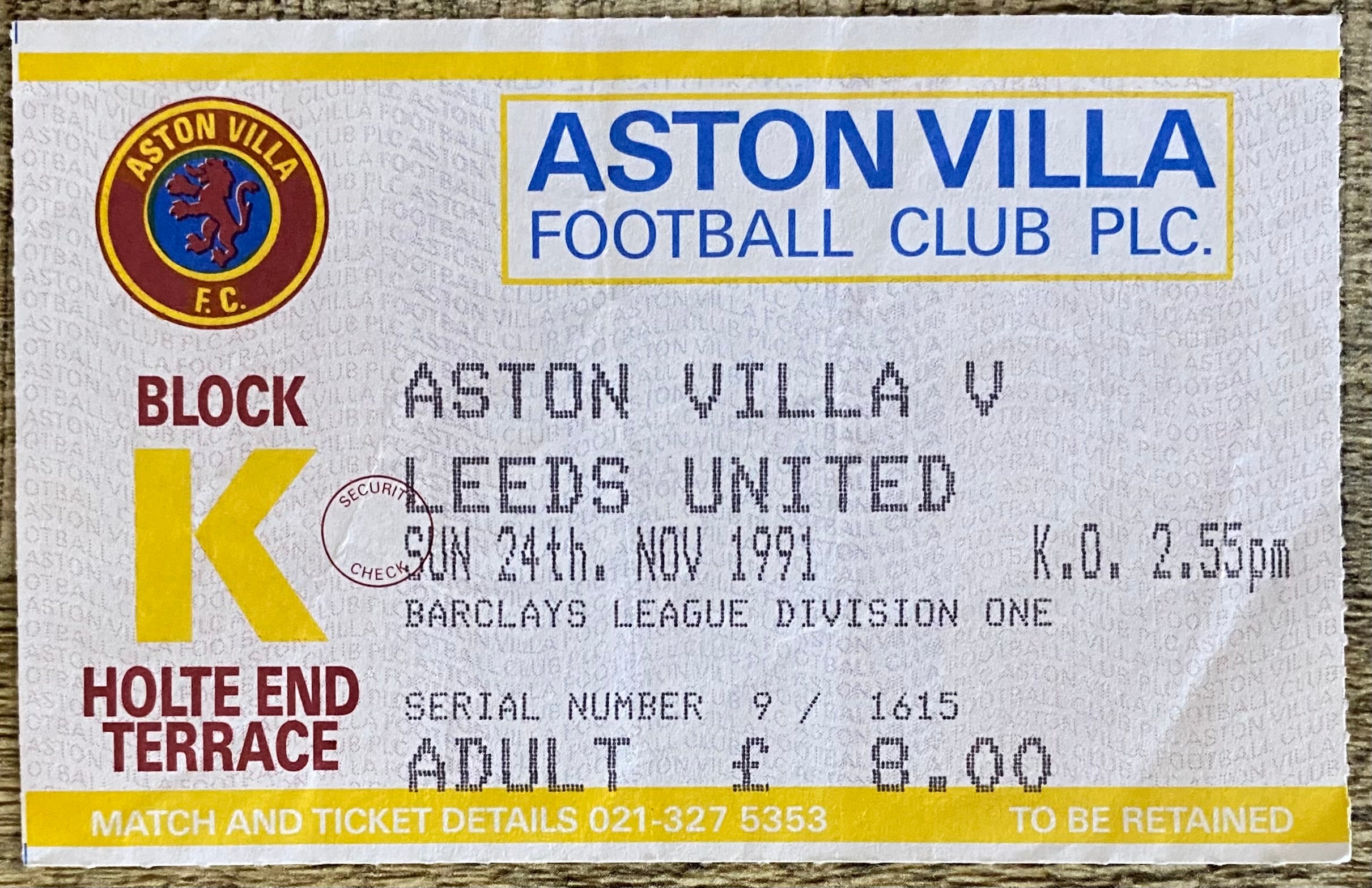1991/92 ORIGINAL DIVISION 1 TICKET ASTON VILLA V LEEDS UNITED