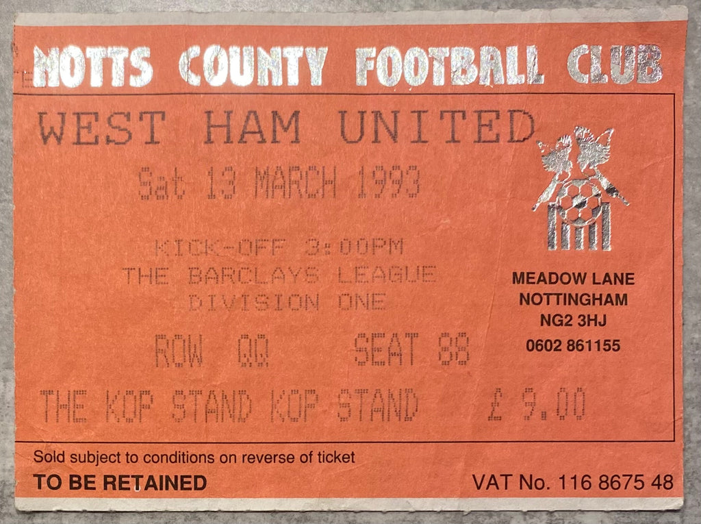 1992/93 ORIGINAL DIVISION 1 TICKET NOTTS COUNTY V WEST HAM UNITED