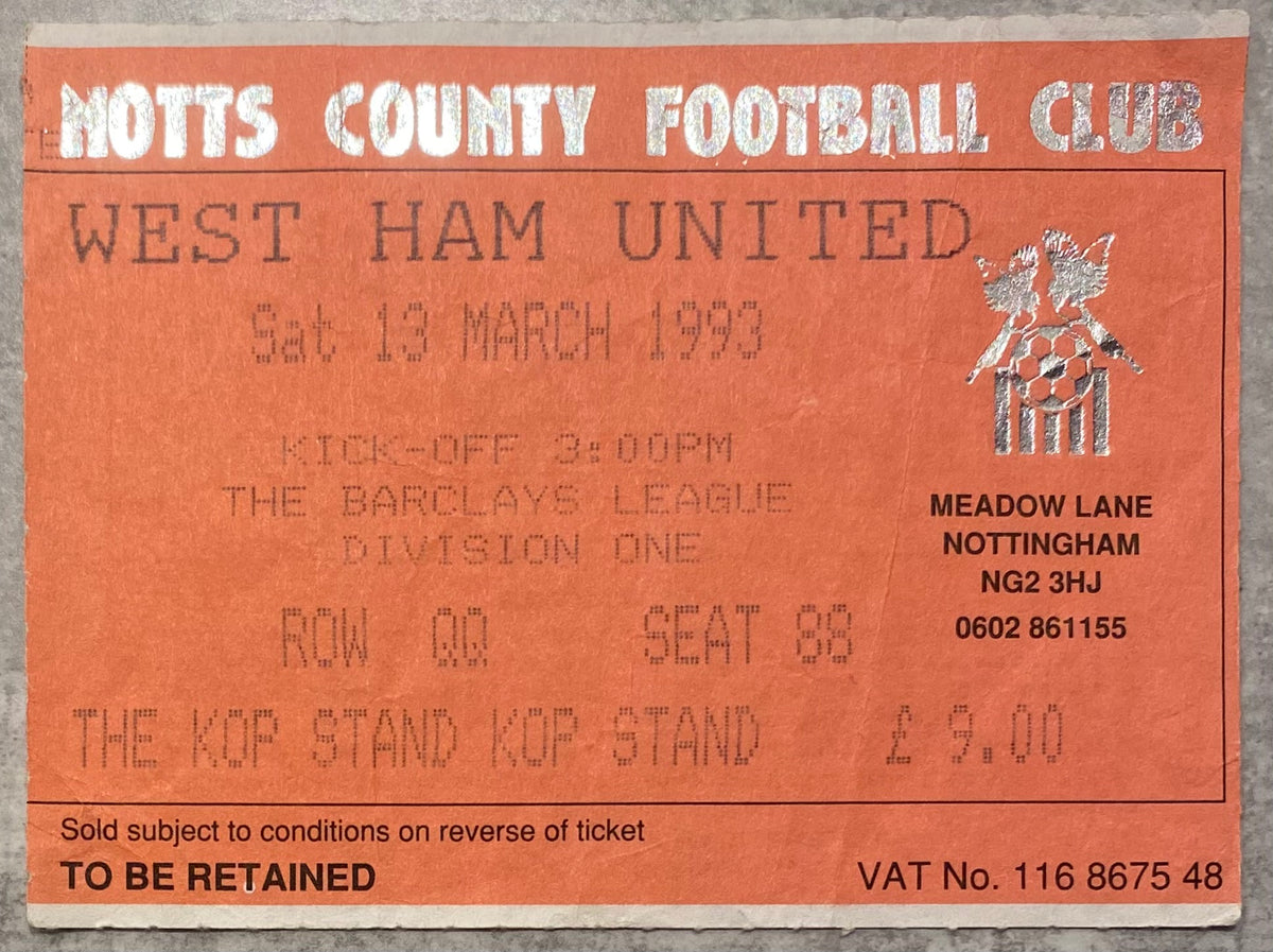 1992/93 ORIGINAL DIVISION 1 TICKET NOTTS COUNTY V WEST HAM UNITED