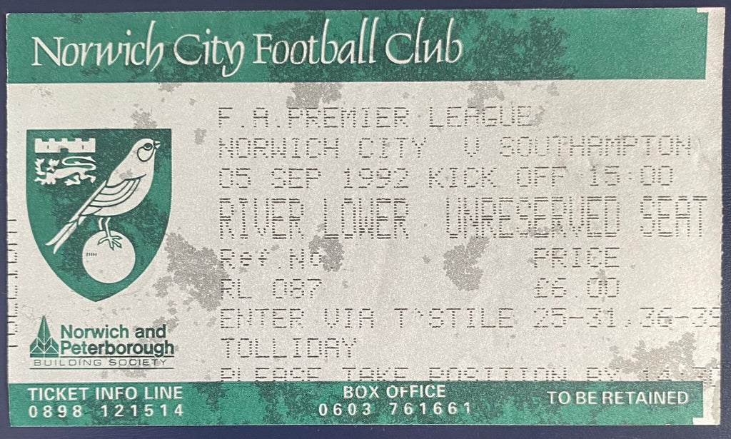 1992/93 ORIGINAL FA PREMIER LEAGUE TICKET NORWICH CITY V SOUTHAMPTON