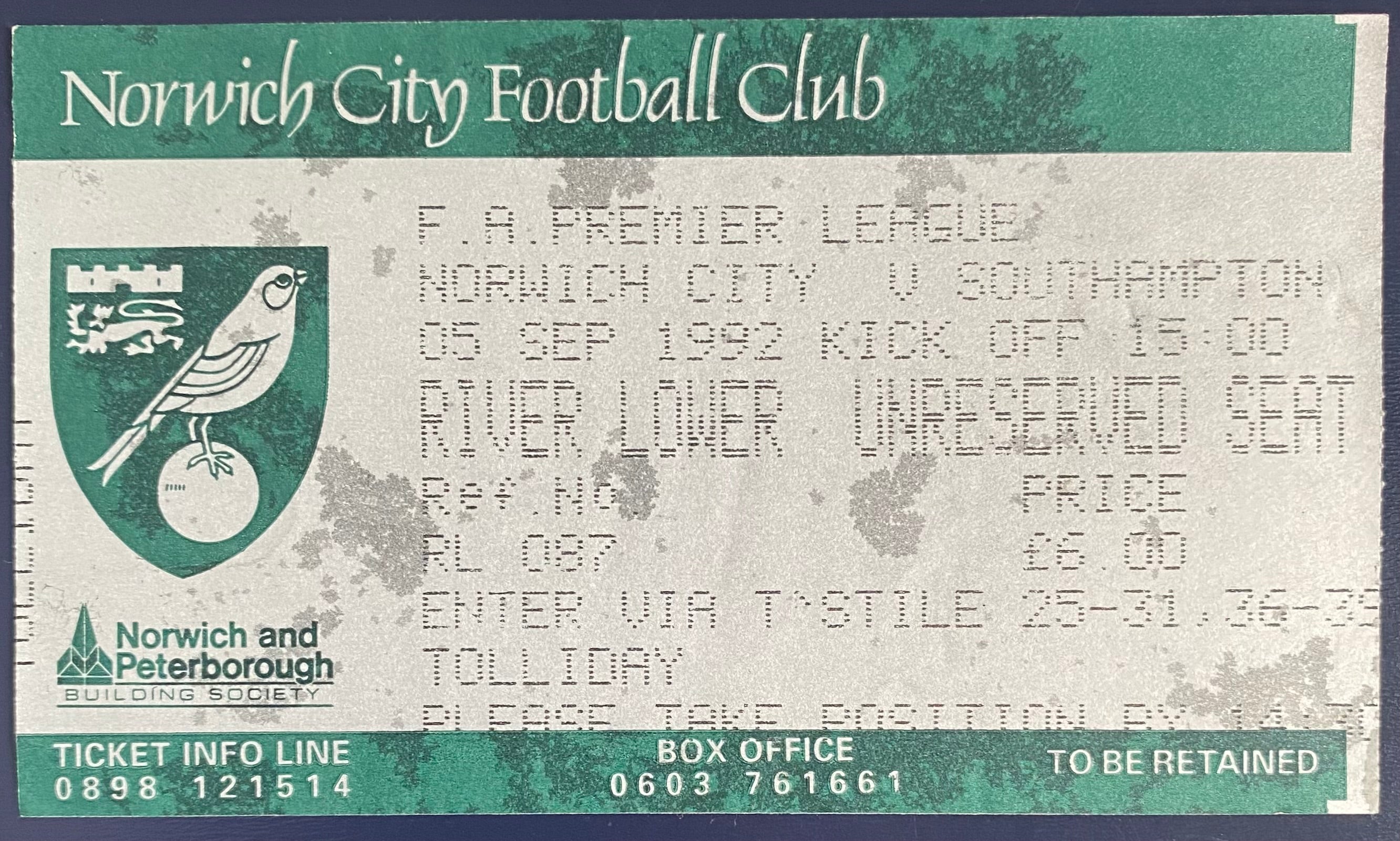 1992/93 ORIGINAL FA PREMIER LEAGUE TICKET NORWICH CITY V SOUTHAMPTON