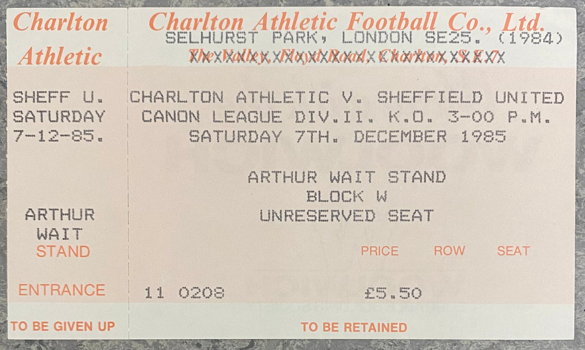 1985/86 ORIGINAL DIVISION TWO UNUSED TICKET CHARLTON ATHLETIC V SHEFFIELD UNITED