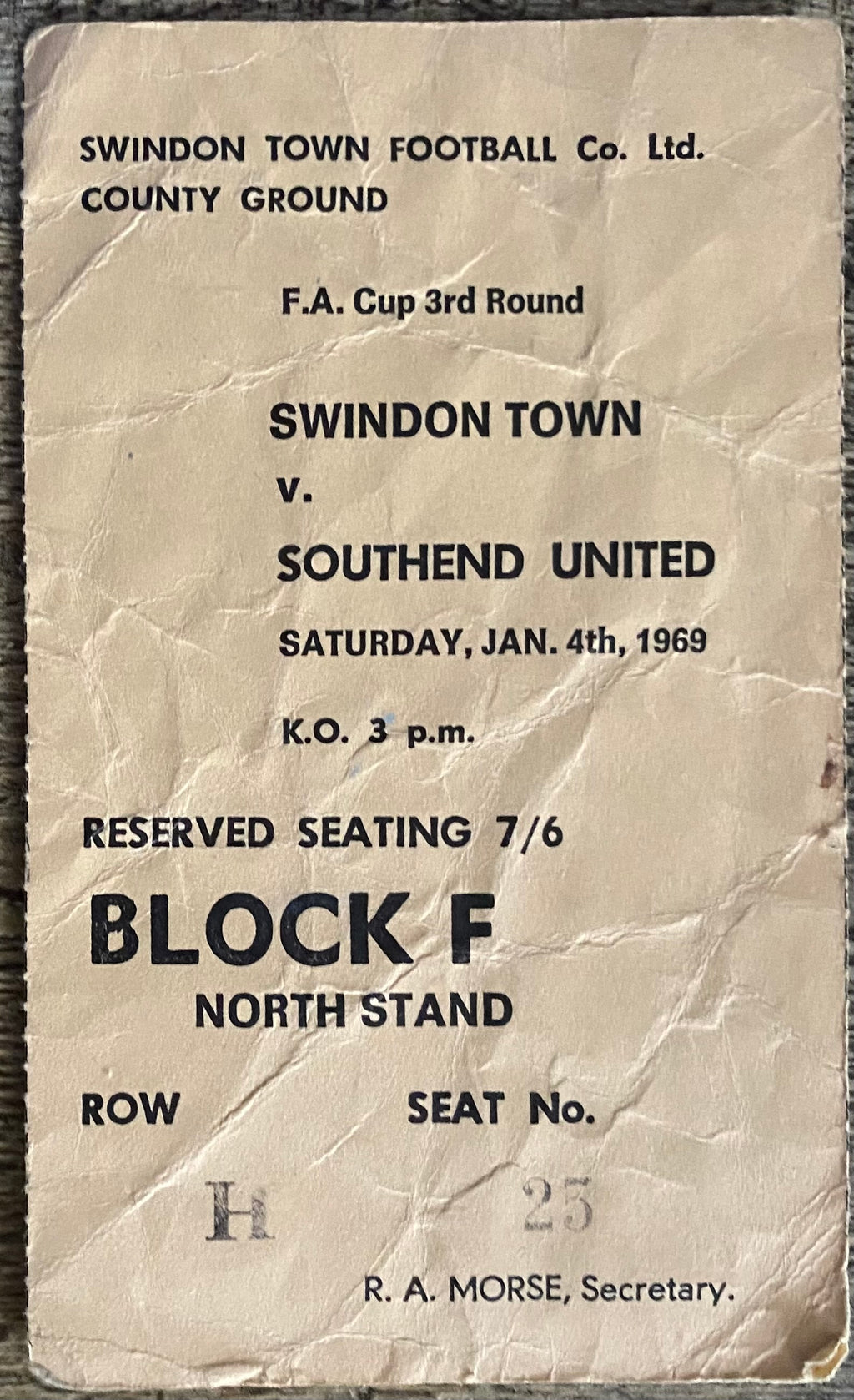 1968/69 ORIGINAL FA CUP 3RD ROUND TICKET SWINDON TOWN V SOUTHEND UNITED
