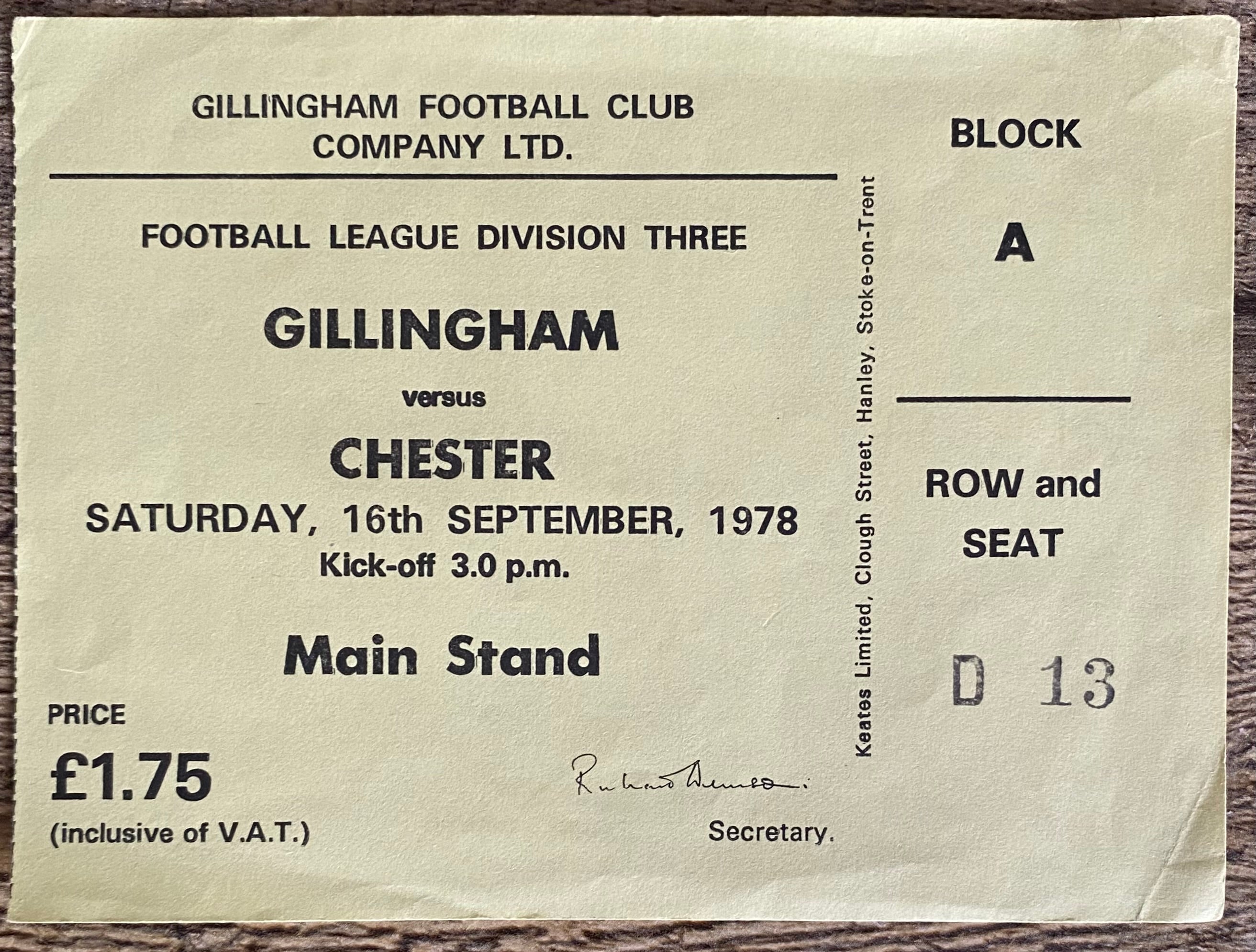 1978/79 ORIGINAL DIVISION 3 TICKET GILLINGHAM V CHESTER CITY