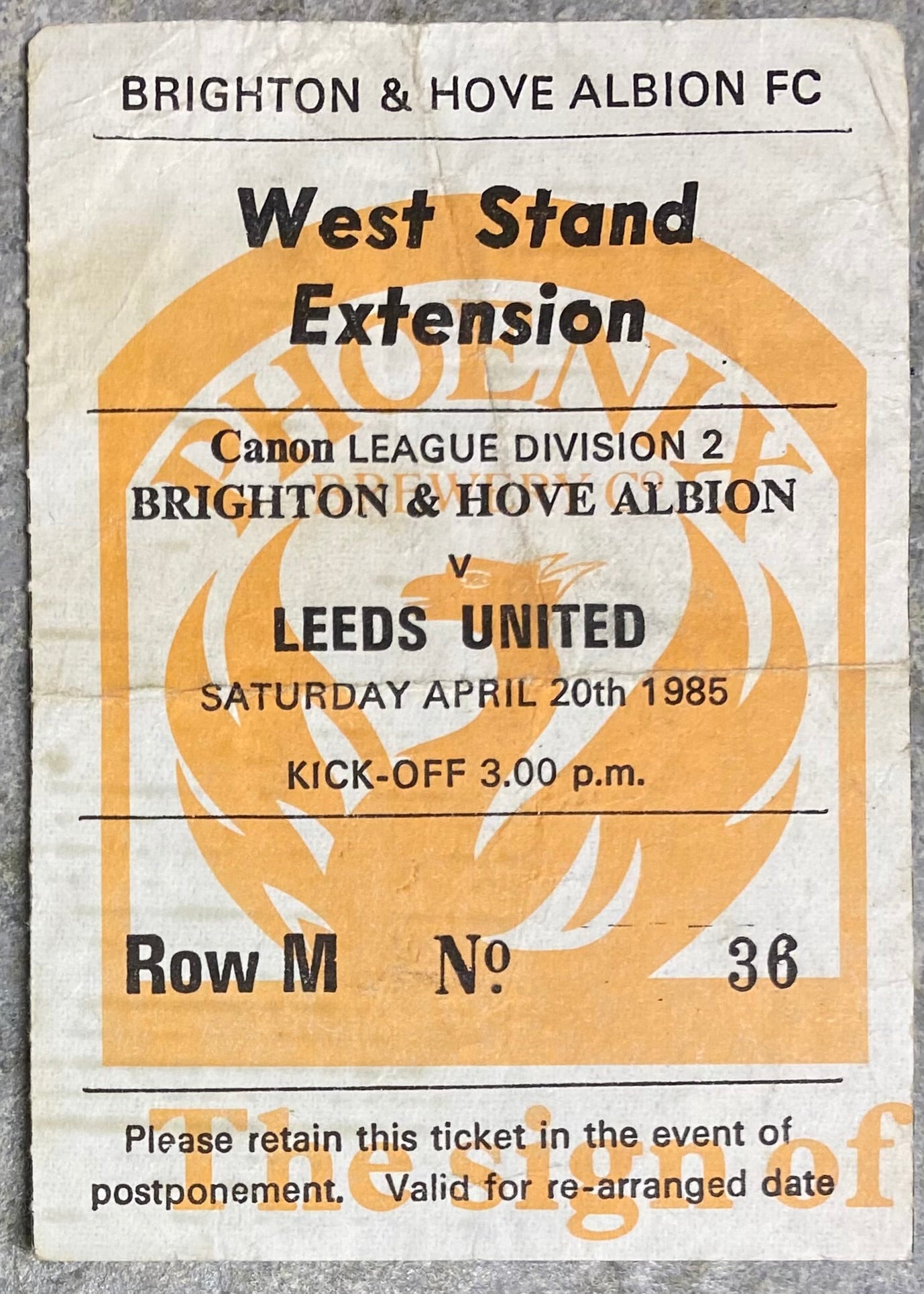 1984/85 ORIGINAL DIVISION TWO TICKET BRIGHTON AND HOVE ALBION V LEEDS UNITED