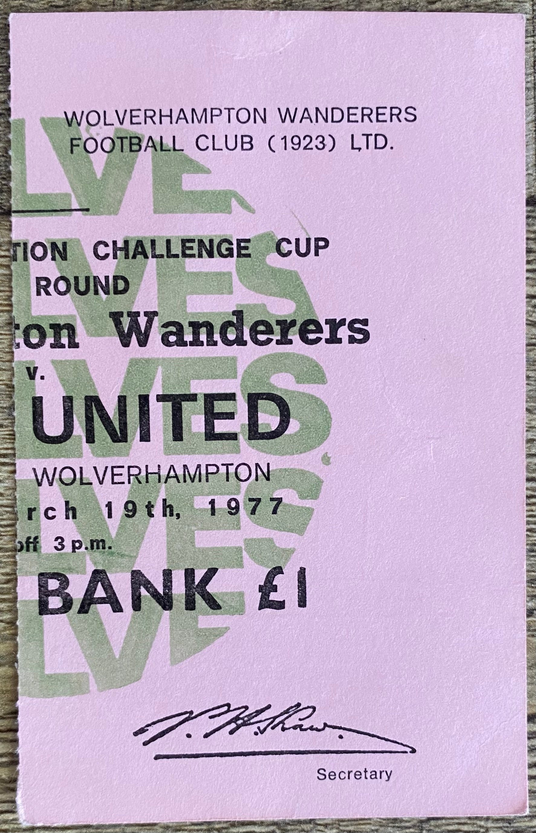 1976/77 ORIGINAL FA CUP 6TH  ROUND TICKET WOLVERHAMPTON WANDERERS V LEEDS UNITED