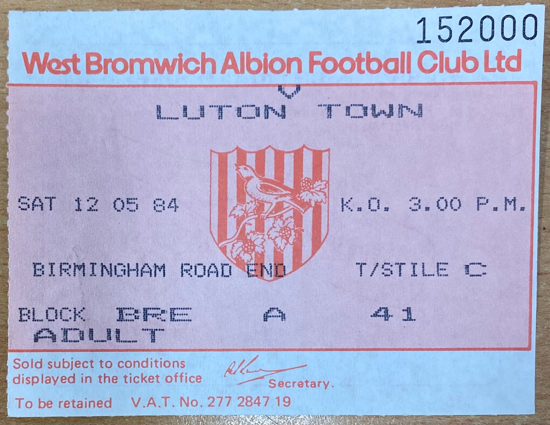 1983/84 ORIGINAL DIVISION 1 TICKET WEST BROMWICH ALBION V LUTON TOWN