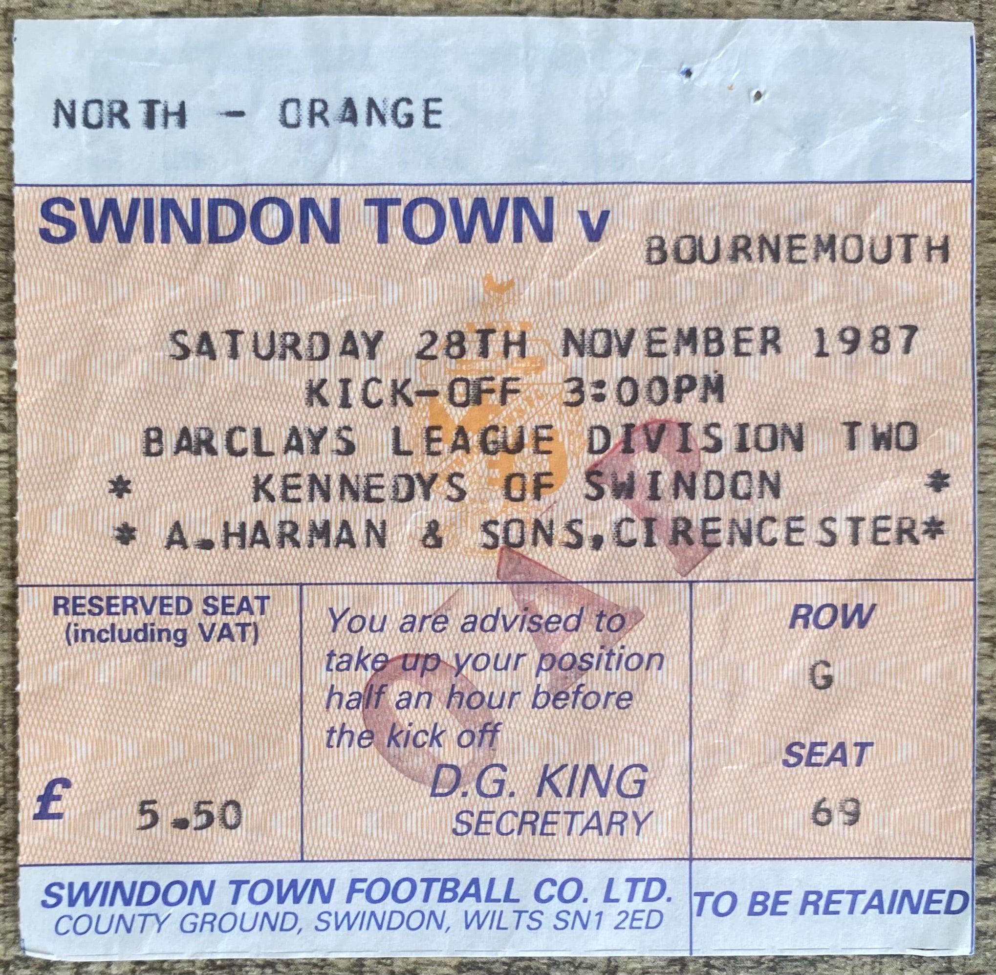 1987/88 ORIGINAL DIVISION 2 TICKET SWINDON TOWN V AFC BOURNEMOUTH