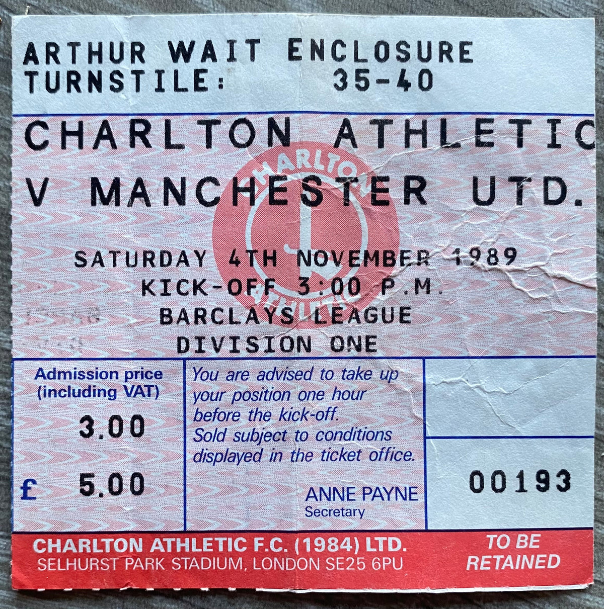 1989/90 ORIGINAL DIVISION ONE TICKET CHARLTON ATHLETIC V MANCHESTER UNITED