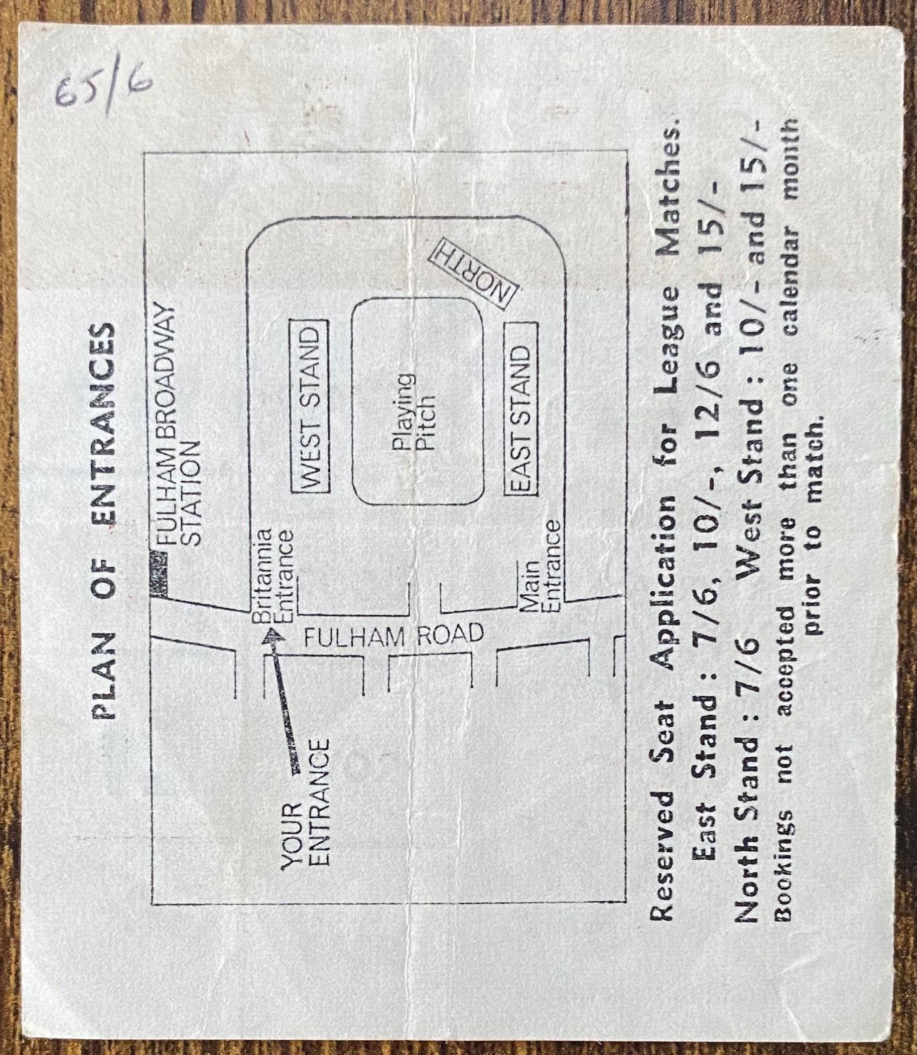 1965/66 ORIGINAL  DIVISION 1 TICKET CHELSEA V FULHAM