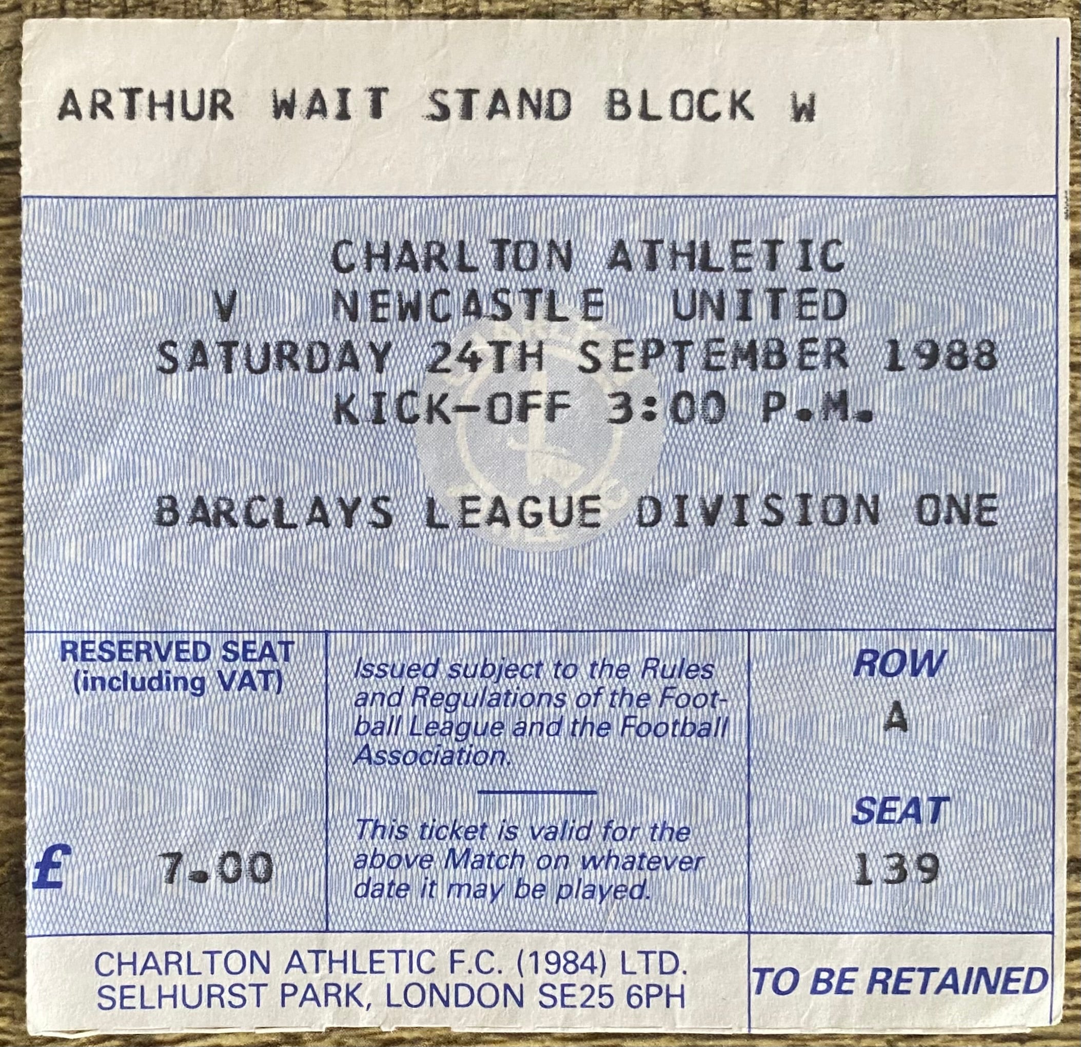1987/88 ORIGINAL DIVISION 1 TICKET CHARLTON ATHLETIC V NEWCASTLE UNITED