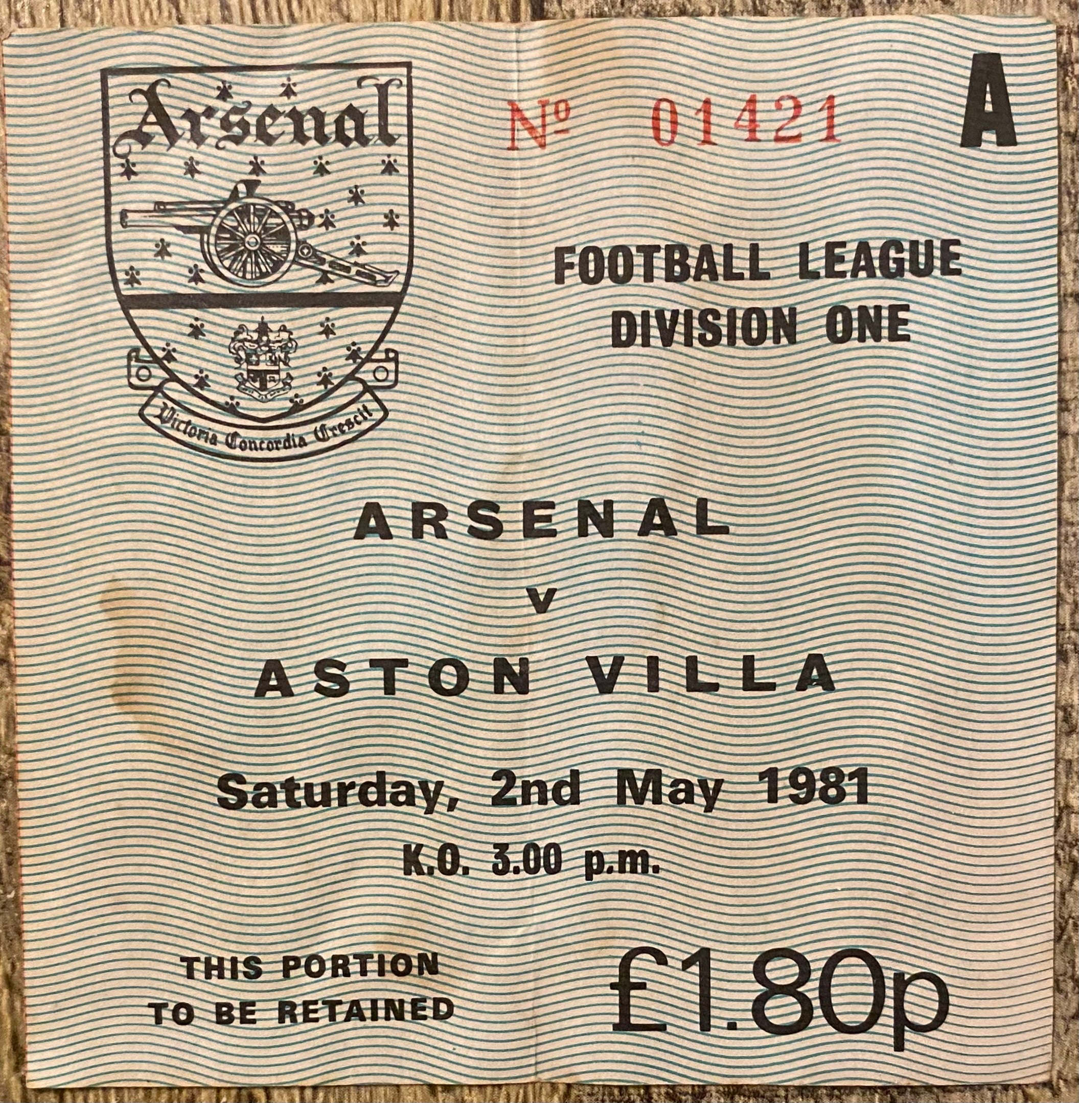 1980/81 ORIGINAL DIVISION 1 TICKET ARSENAL V ASTON VILLA