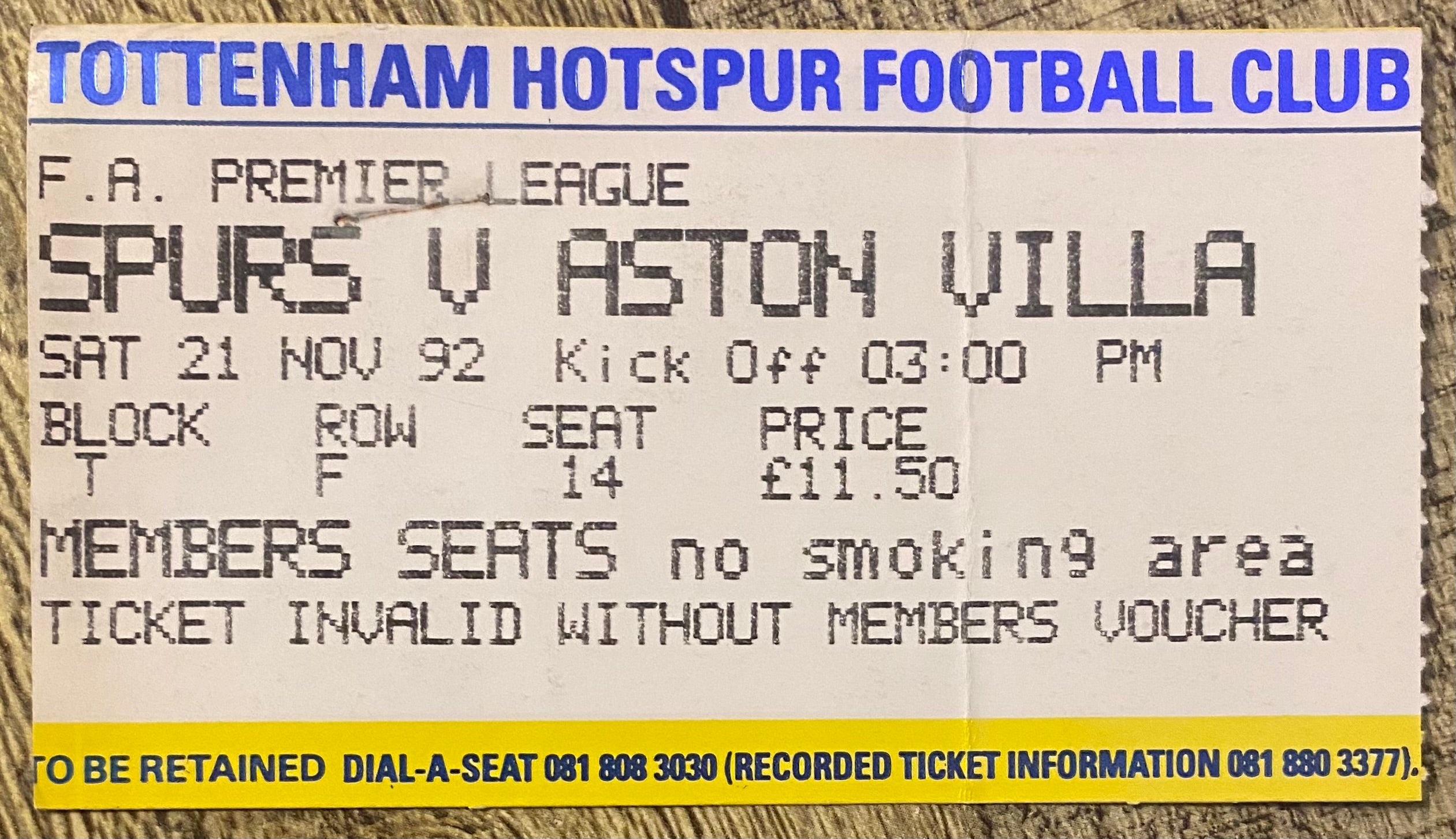 1992/93 ORIGINAL PREMIER LEAGUE TICKET TOTTENHAM HOTSPUR V ASTON VILLA