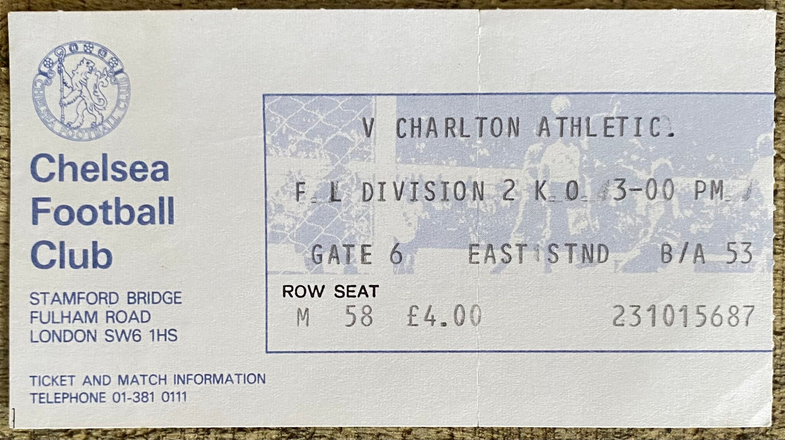 1982/83 ORIGINAL DIVISION 2 TICKET CHELSEA V CHARLTON ATHLETIC