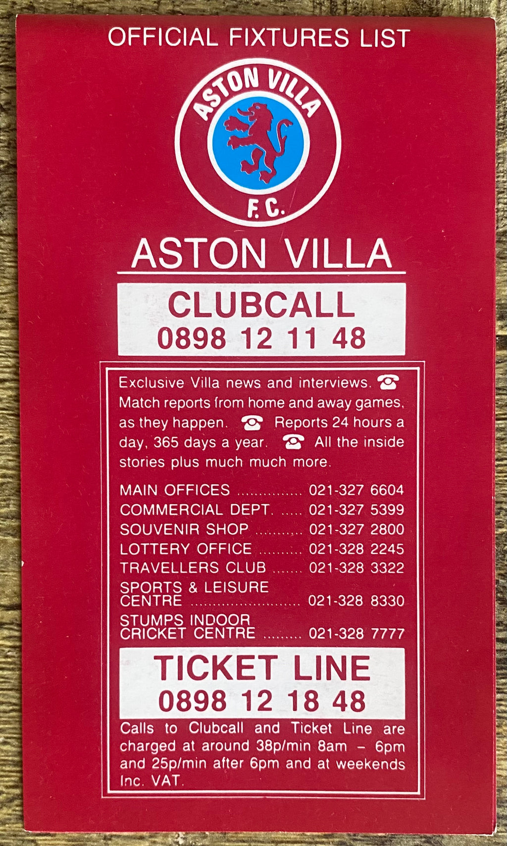 1990/91 ORIGINAL CLUB ISSUED FIXTURE LIST FOR ASTON VILLA