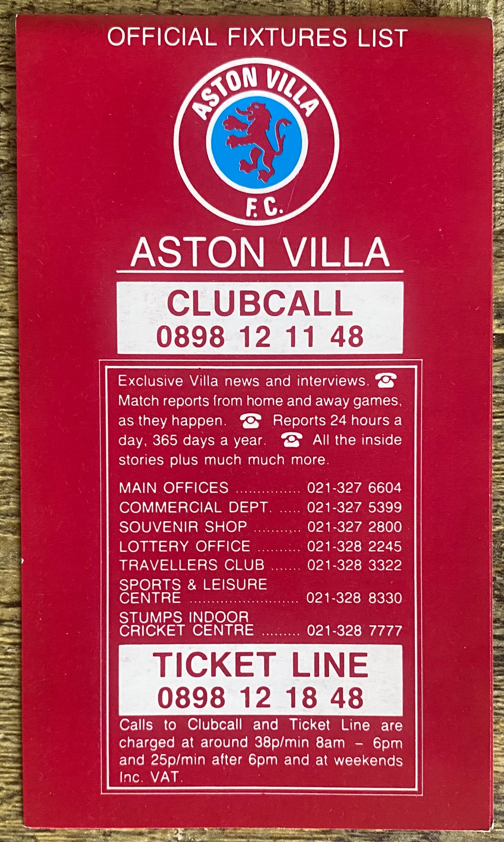 1990/91 ORIGINAL CLUB ISSUED FIXTURE LIST FOR ASTON VILLA