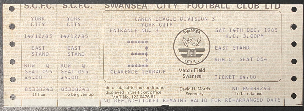 1985/86 ORIGINAL DIVISION 3 UNUSED TICKET SWANSEA CITY V YORK CITY