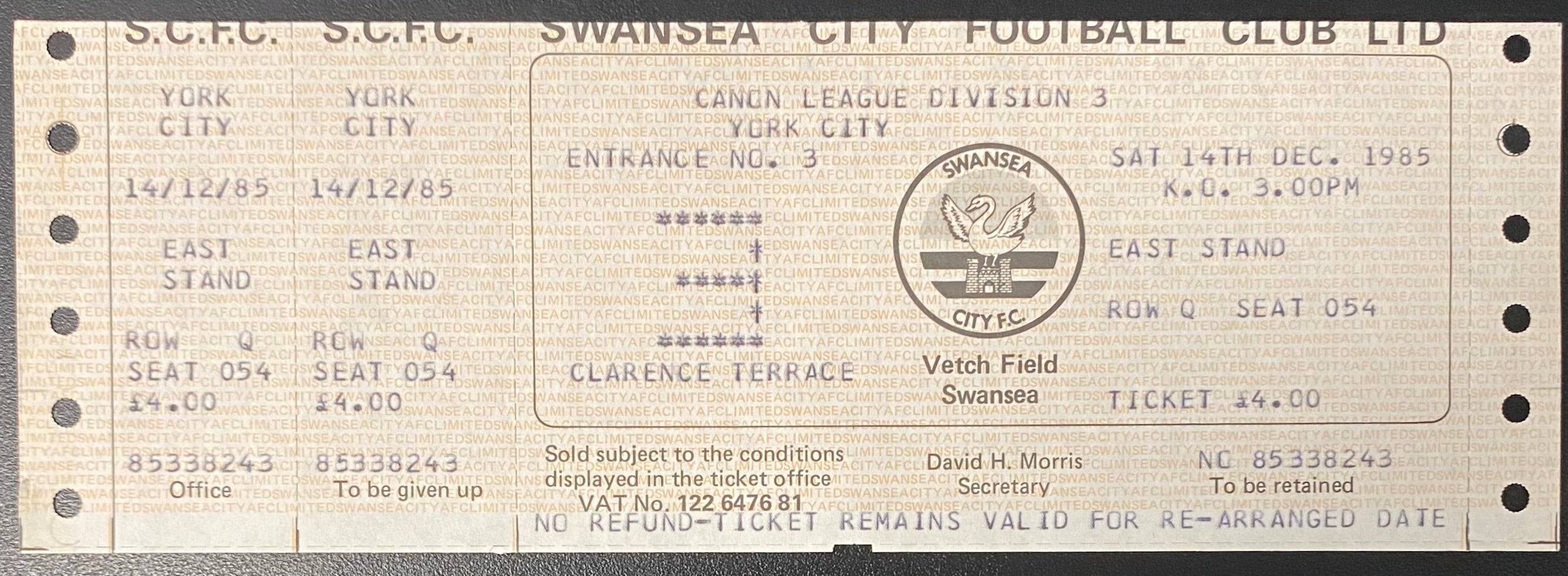1985/86 ORIGINAL DIVISION 3 UNUSED TICKET SWANSEA CITY V YORK CITY