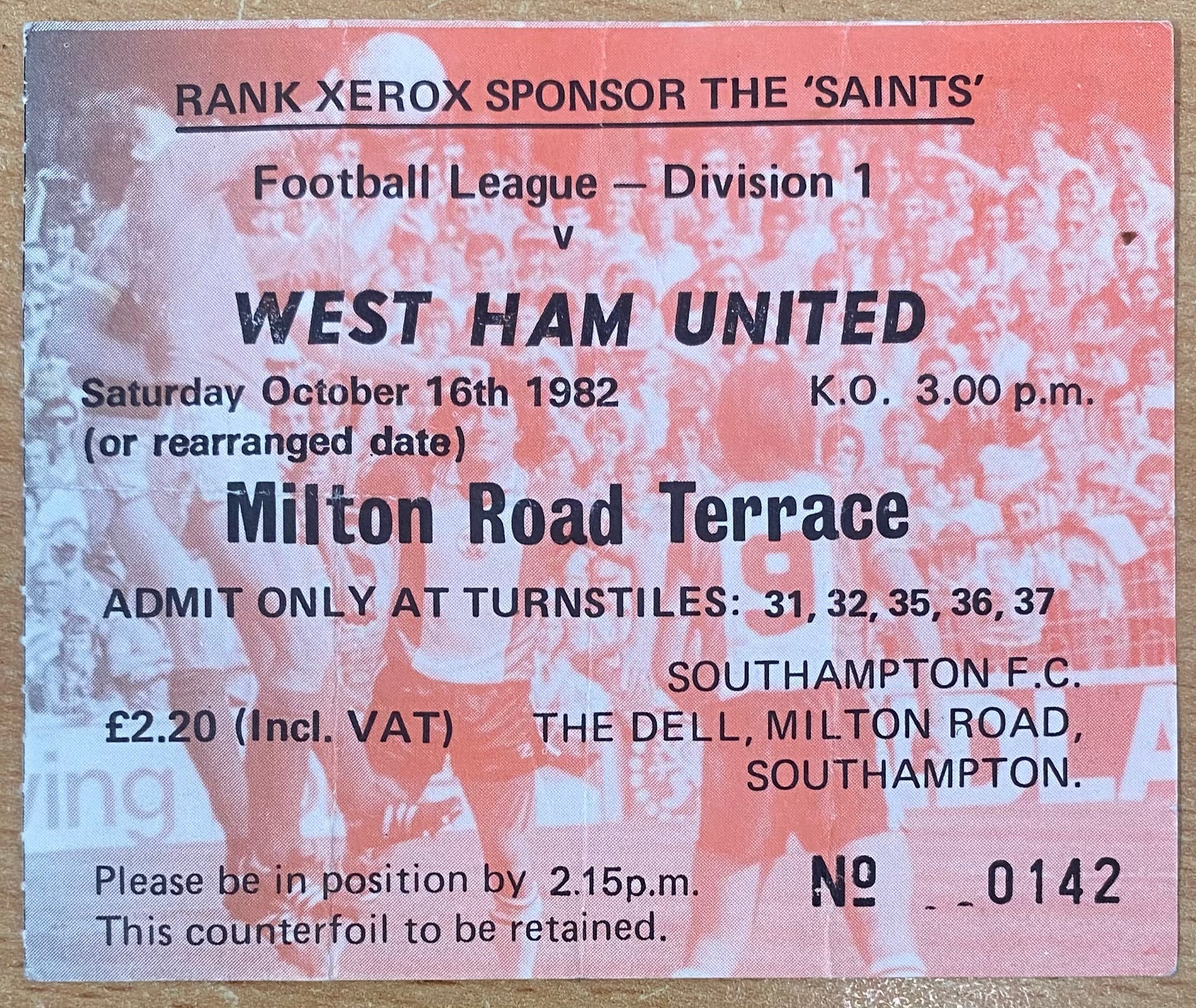 1982/83 ORIGINAL DIVISION ONE TICKET SOUTHAMPTON V WEST HAM UNITED