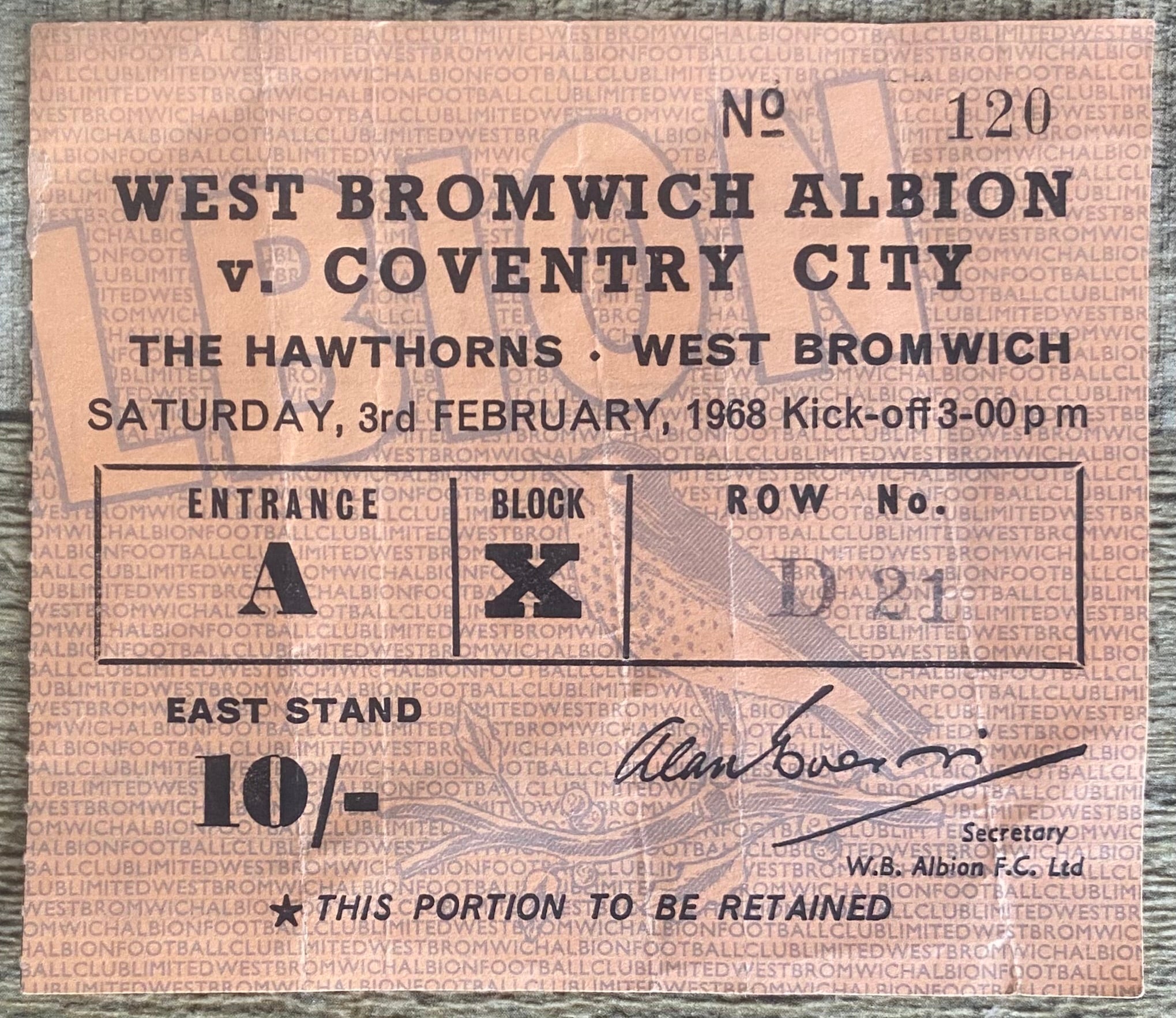 1967/68 ORIGINAL DIVISION 1 TICKET WEST BROMWICH ALBION V COVENTRY CITY