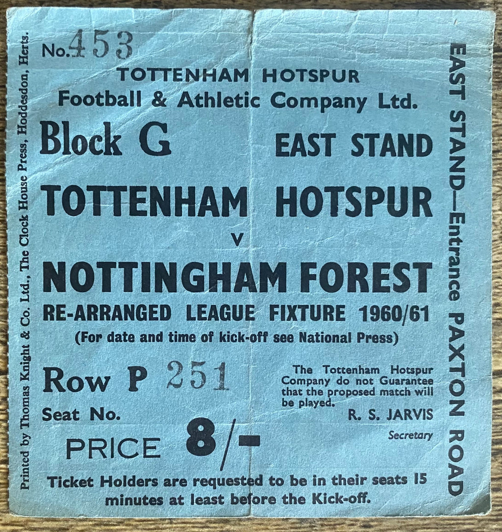 1960/61 ORIGINAL DIVISION ONE TICKET TOTTENHAM HOTSPUR V NOTTINGHAM FOREST
