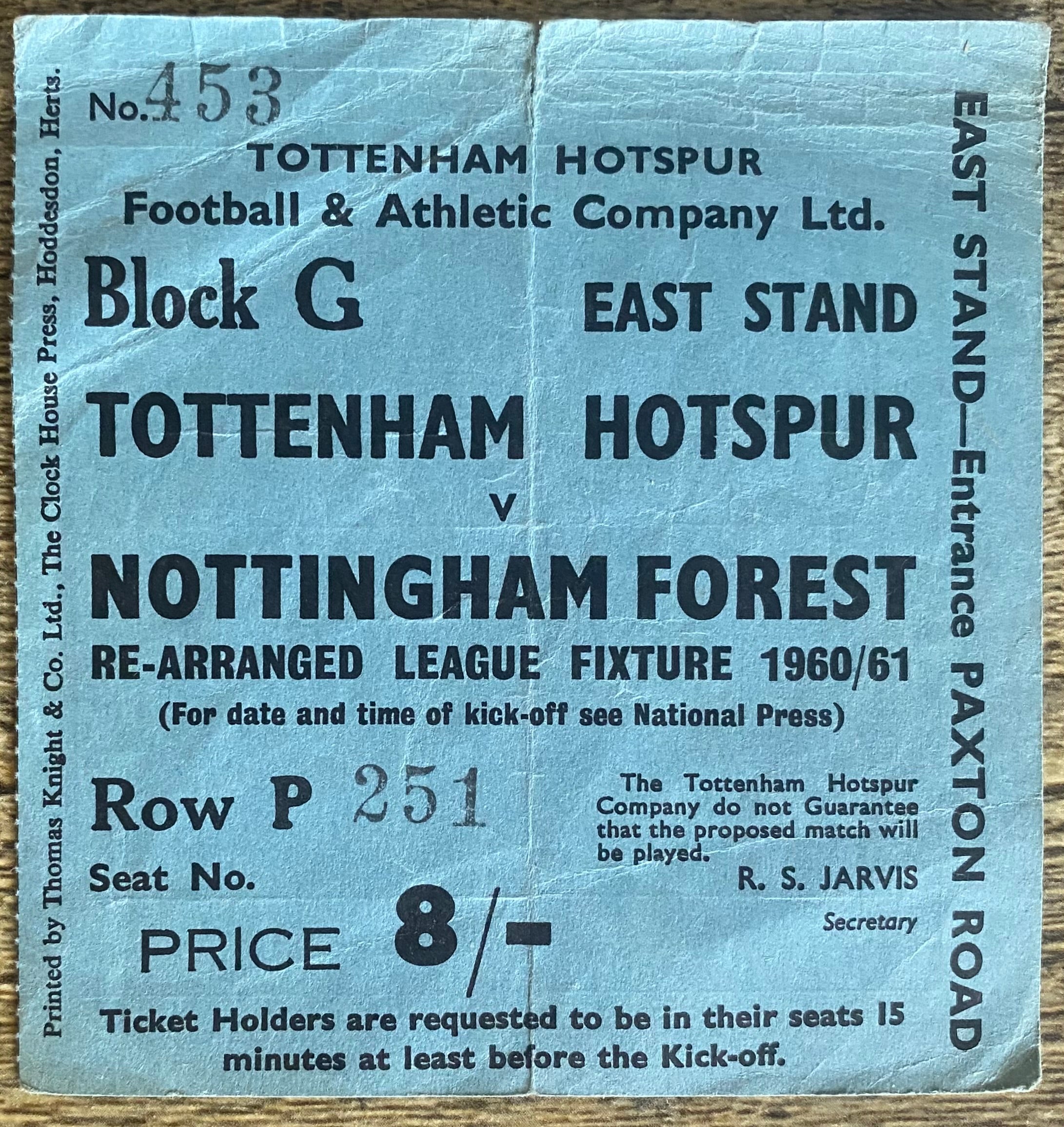 1960/61 ORIGINAL DIVISION ONE TICKET TOTTENHAM HOTSPUR V NOTTINGHAM FOREST