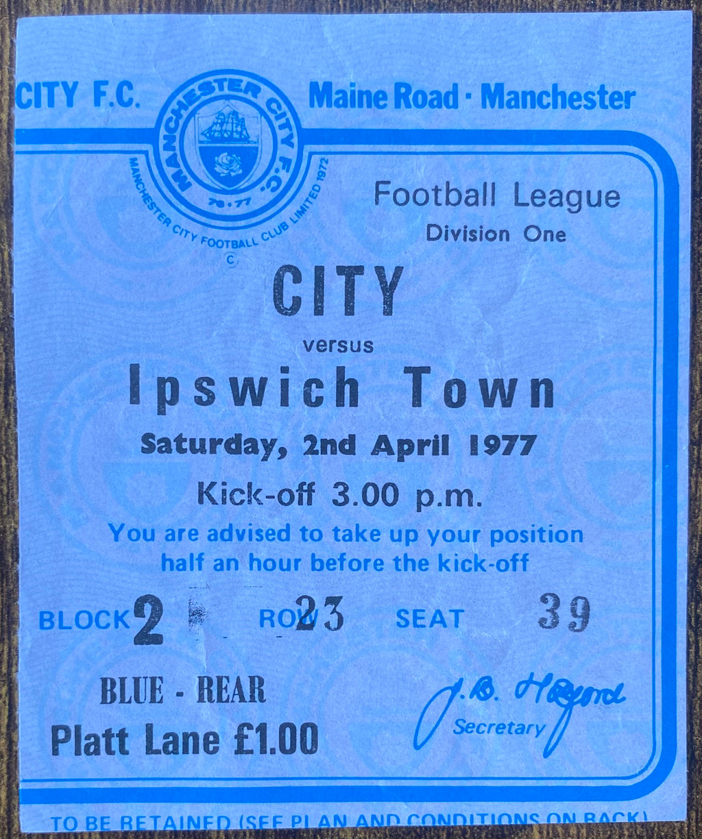 1976/77 ORIGINAL DIVISION 1 TICKET MANCHESTER CITY V IPSWICH TOWN