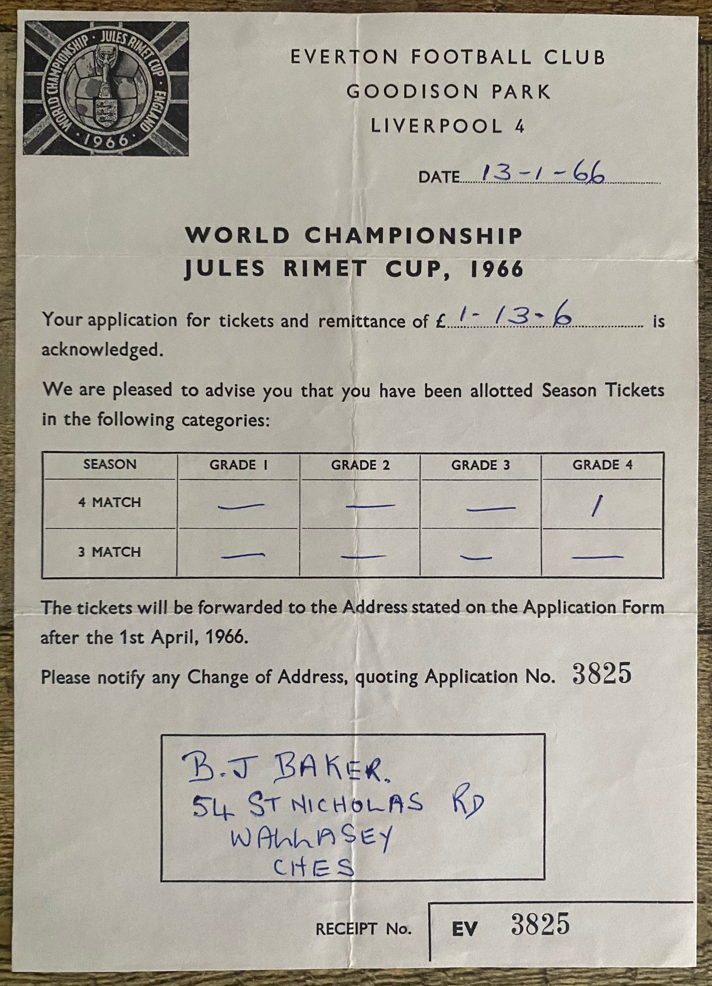 1966 WORLD CUP ORIGINAL OFFICIAL LETTER (TICKET SALES) FOR 4 MATCH TICKETS AT GOODISON PARK