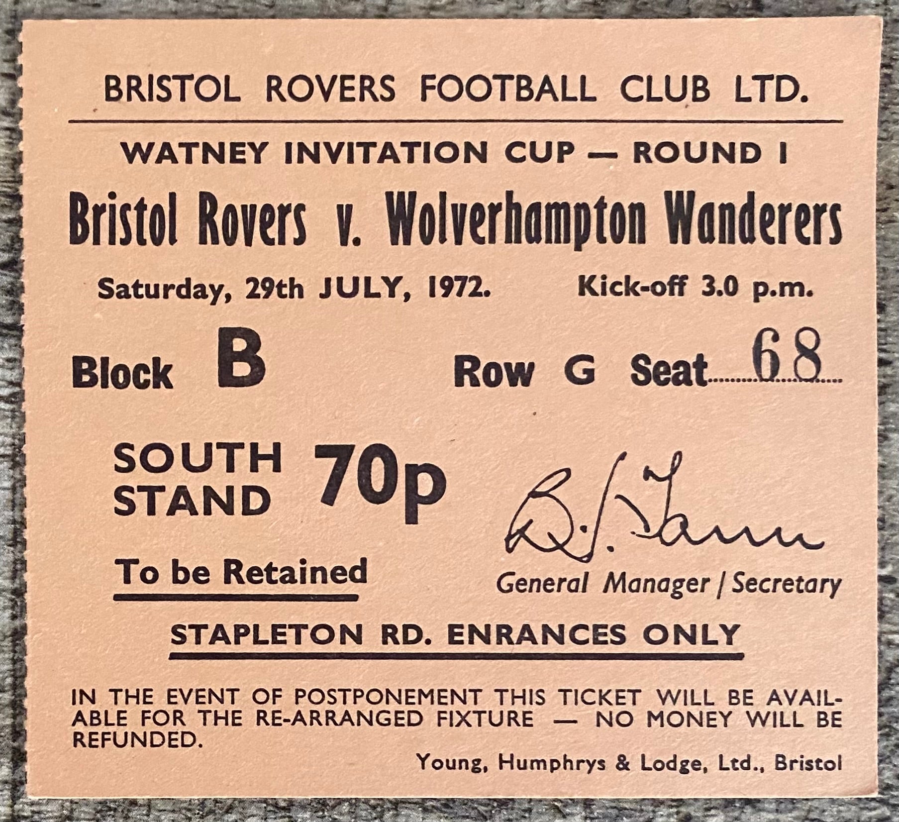 1972/73 ORIGINAL WATNEYS CUP ROUND 1 TICKET BRISTOL ROVERS V WOLVERHAMPTON WANDERERS