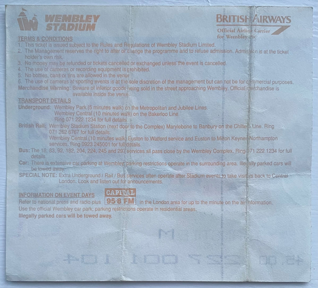 1993 ORIGINAL COCA COLA CUP FINAL TICKET ARSENAL V SHEFFIELD WEDNESDAY