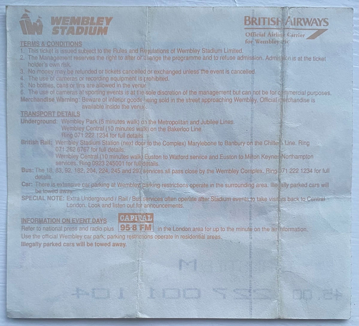 1993 ORIGINAL COCA COLA CUP FINAL TICKET ARSENAL V SHEFFIELD WEDNESDAY