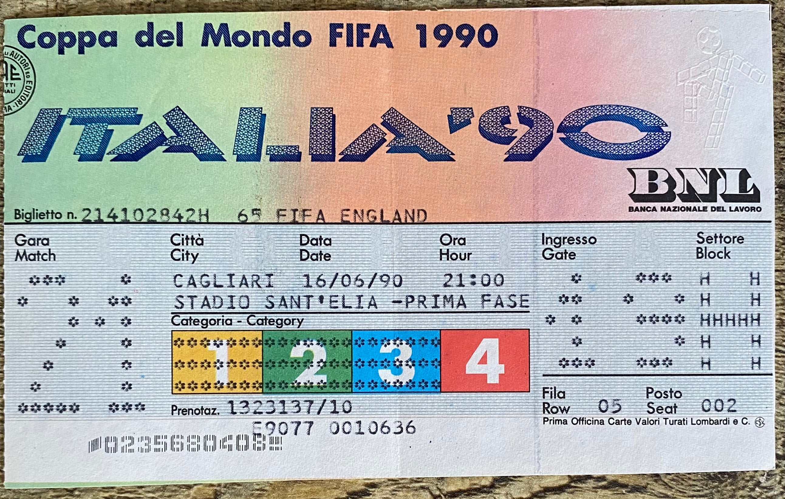 1990 ORIGINAL WORLD CUP 1ST ROUND TICKET ENGLAND V NETHERLANDS @ CAGLIARI