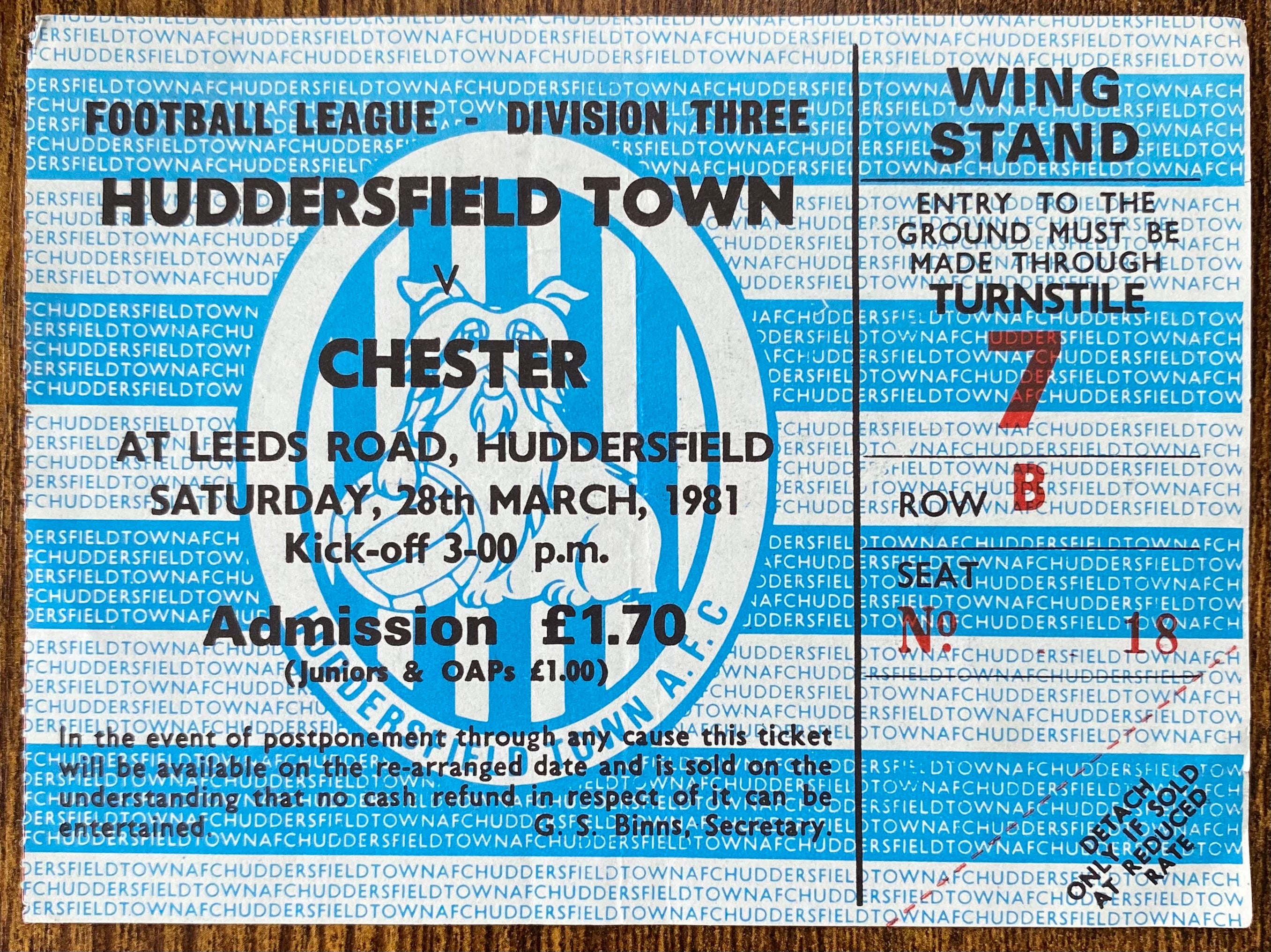1980/81 ORIGINAL DIVISION 3 TICKET HUDDERSFIELD TOWN V CHESTER