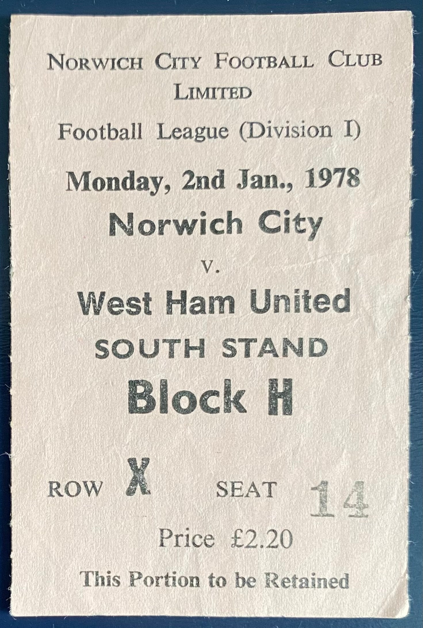1977/78 ORIGINAL DIVISION 1 TICKET NORWICH CITY V WEST HAM UNITED