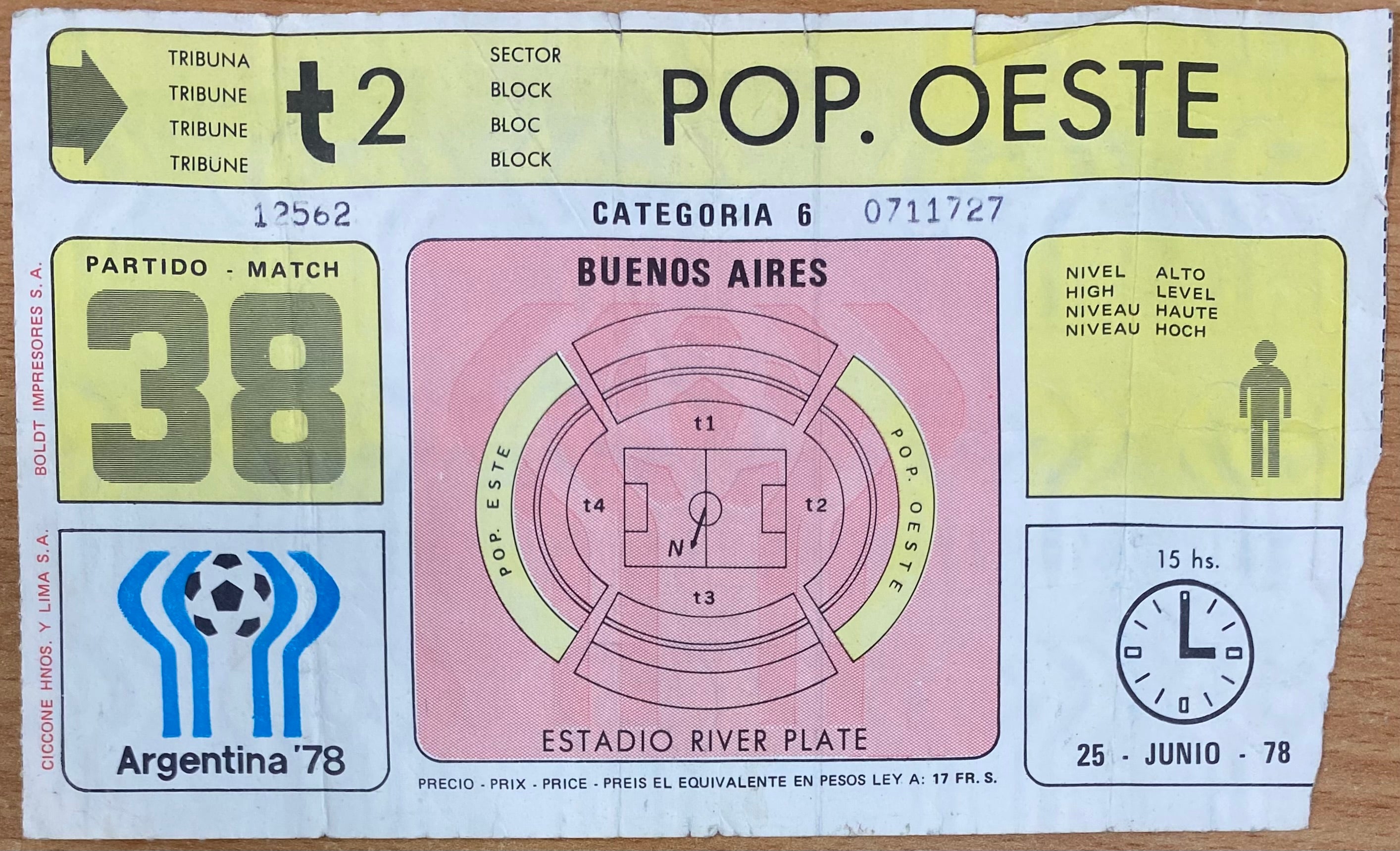 1978 ORIGINAL WORLD CUP FINAL TICKET ARGENTINA V NETHERLANDS @ BUENOS ARIES