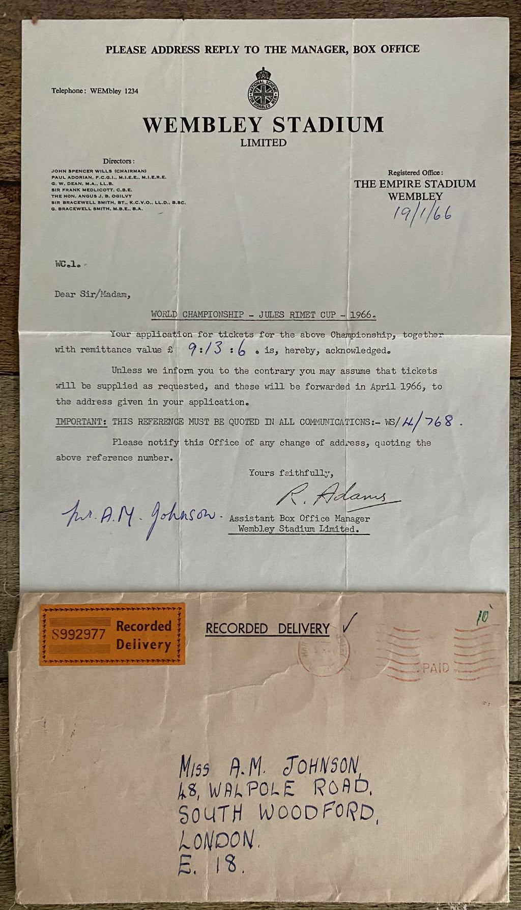 1966 WORLD CUP ORIGINAL OFFICIAL LETTER (WEMBLEY TICKET SALES) JAN 1966 & ORIGINAL ENVELOPE